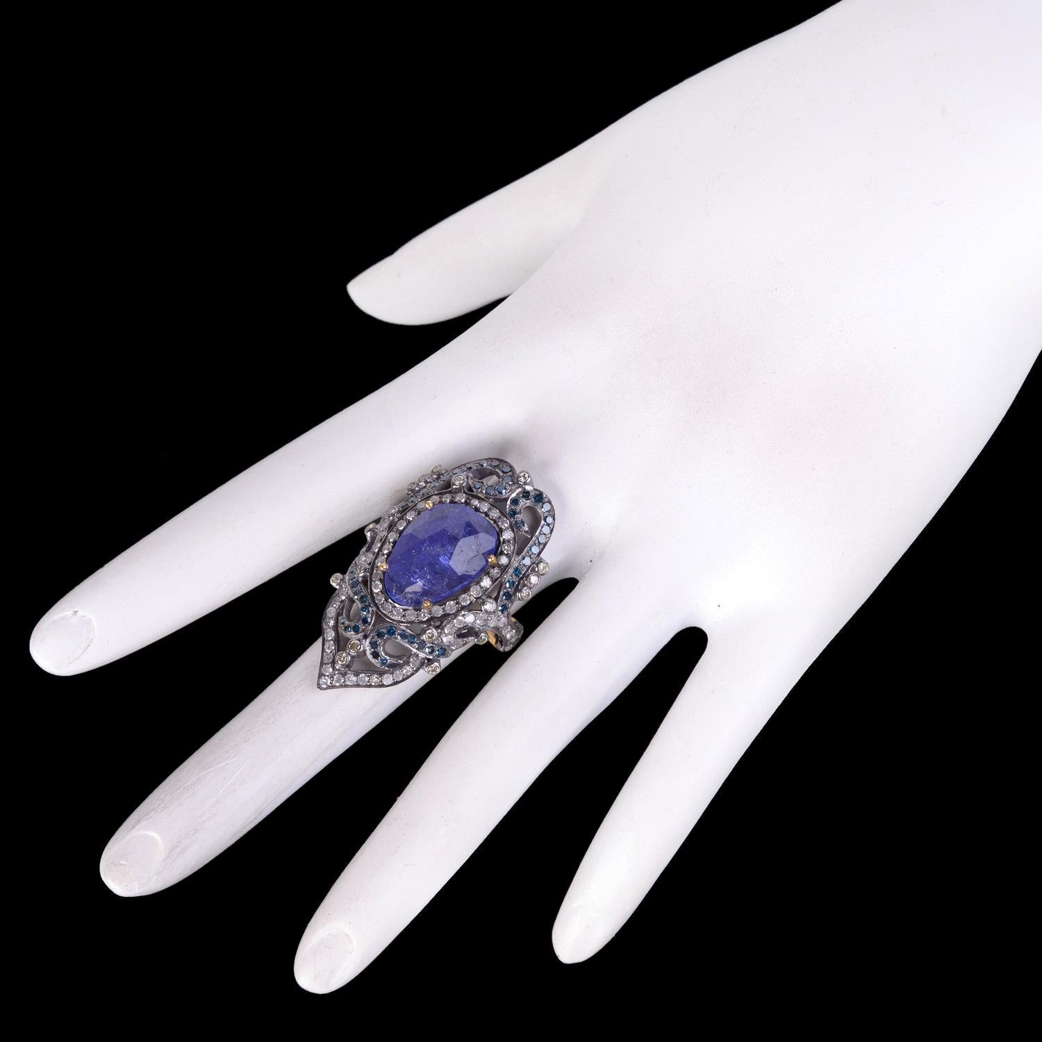 Mixed Cut Faceted Tanzanite & Pave Diamond Ring In Crown Shape Made in 18k Gold & Silver For Sale