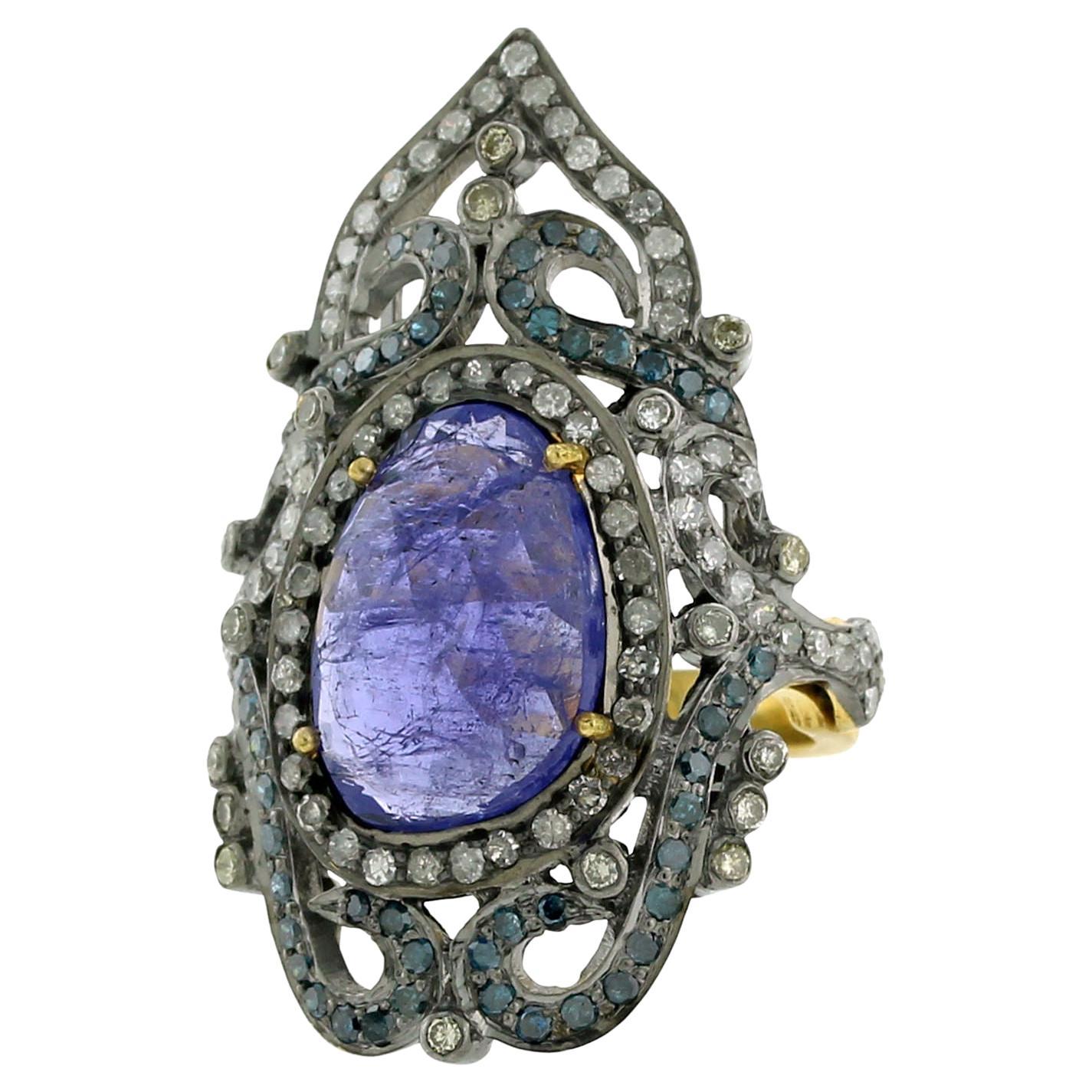 Faceted Tanzanite & Pave Diamond Ring In Crown Shape Made in 18k Gold & Silver For Sale