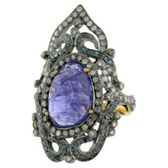 Faceted Tanzanite & Pave Diamond Ring In Crown Shape Made in 18k Gold & Silver