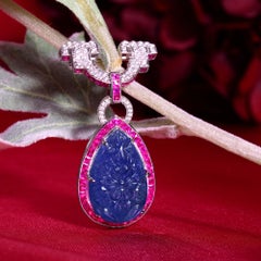 Carved Tanzanite Ruby and Diamond Art Deco Style Brooch in 18K White Gold