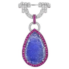 Carved Tanzanite Ruby and Diamond Art Deco Style Brooch in 18K White Gold