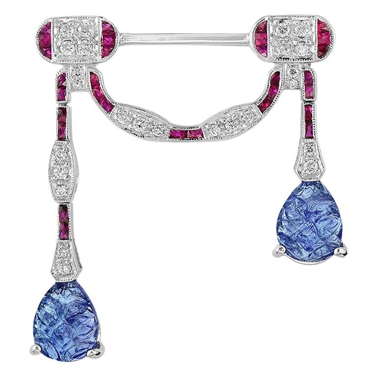 Carved Tanzanite Ruby Diamond 18 Karat White Gold Brooch