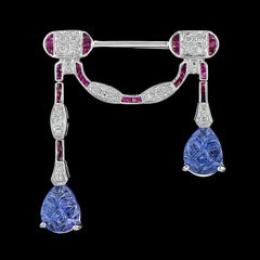 Carved Tanzanite Ruby Diamond 18 Karat White Gold Brooch