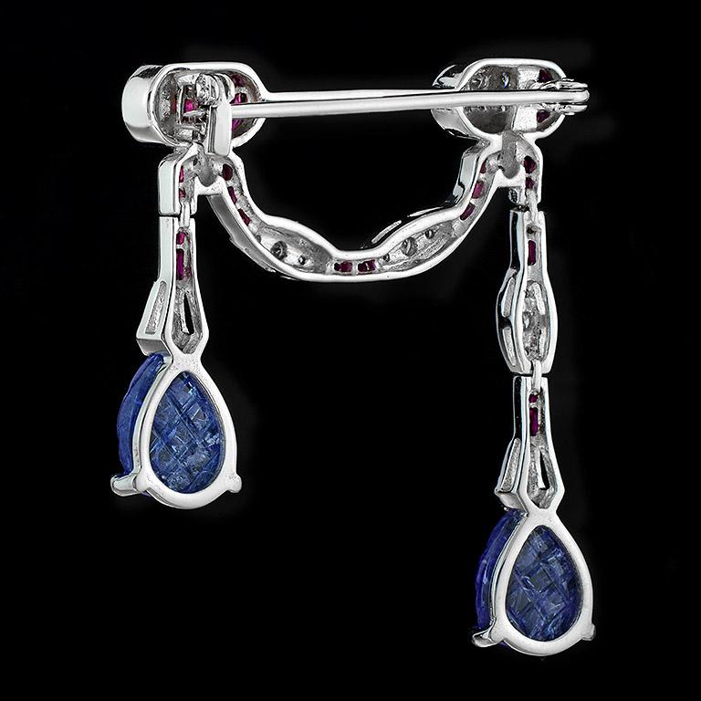 Carved Tanzanite Ruby Diamond 18 Karat White Gold Brooch In New Condition In Bangkok, TH