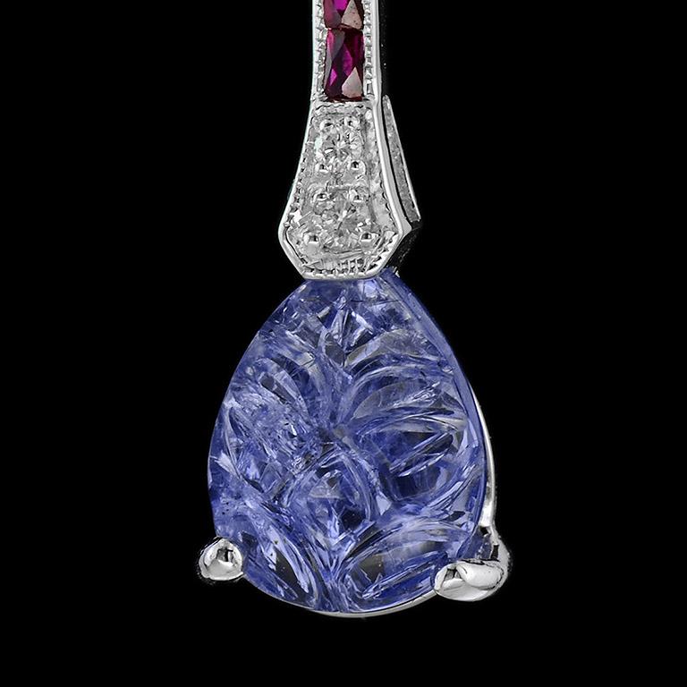 Carved Tanzanite Ruby Diamond 18 Karat White Gold Brooch 1