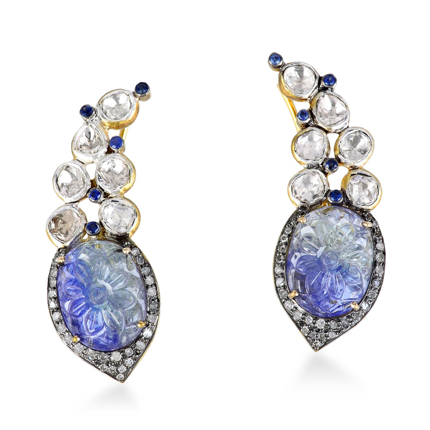 Contemporary Carved Tanzanite Sapphire Diamond Ear Climber Earrings For Sale