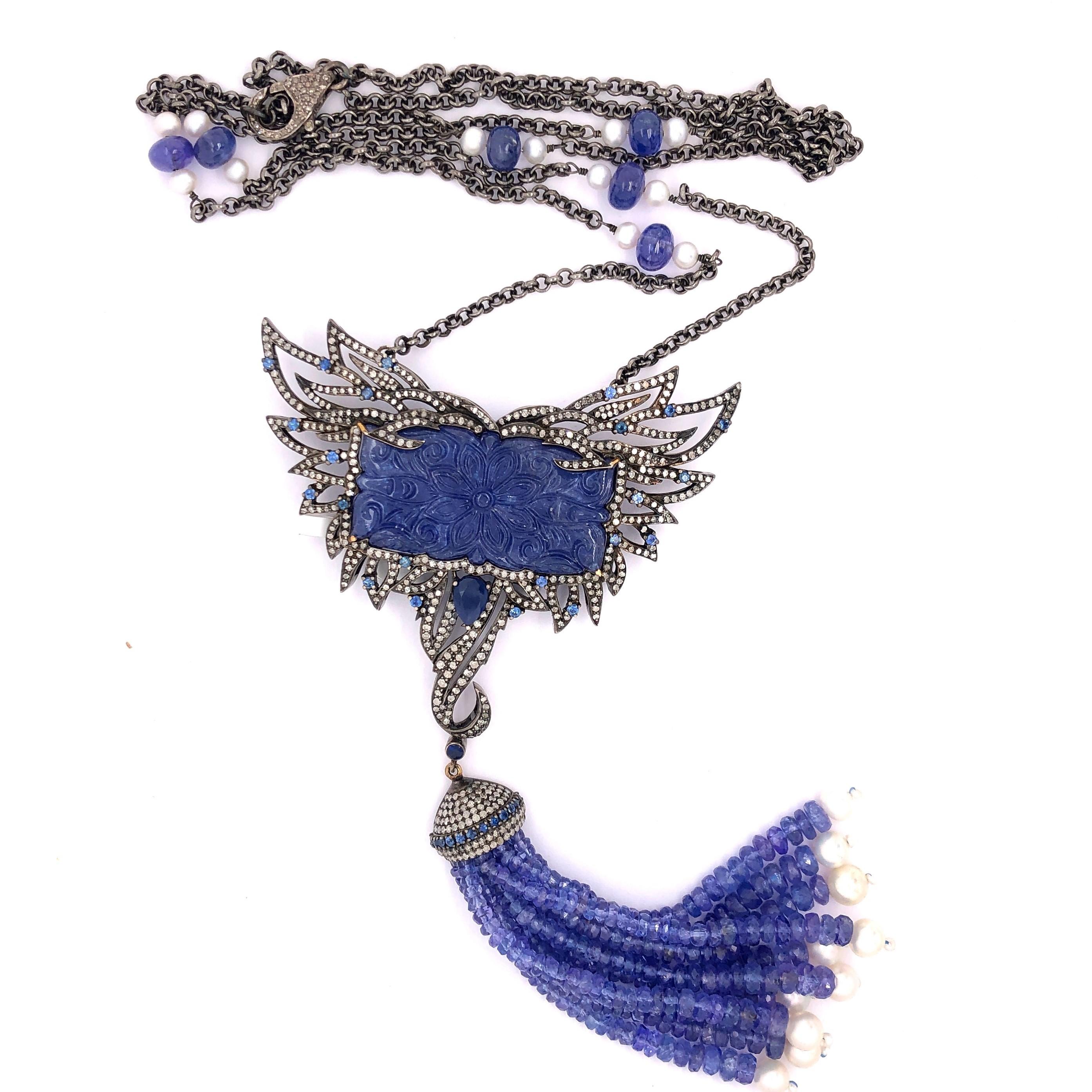 Mixed Cut Carved Tanzanite Tassel Necklace with Diamonds and Sapphire In 18k Gold & Silver For Sale