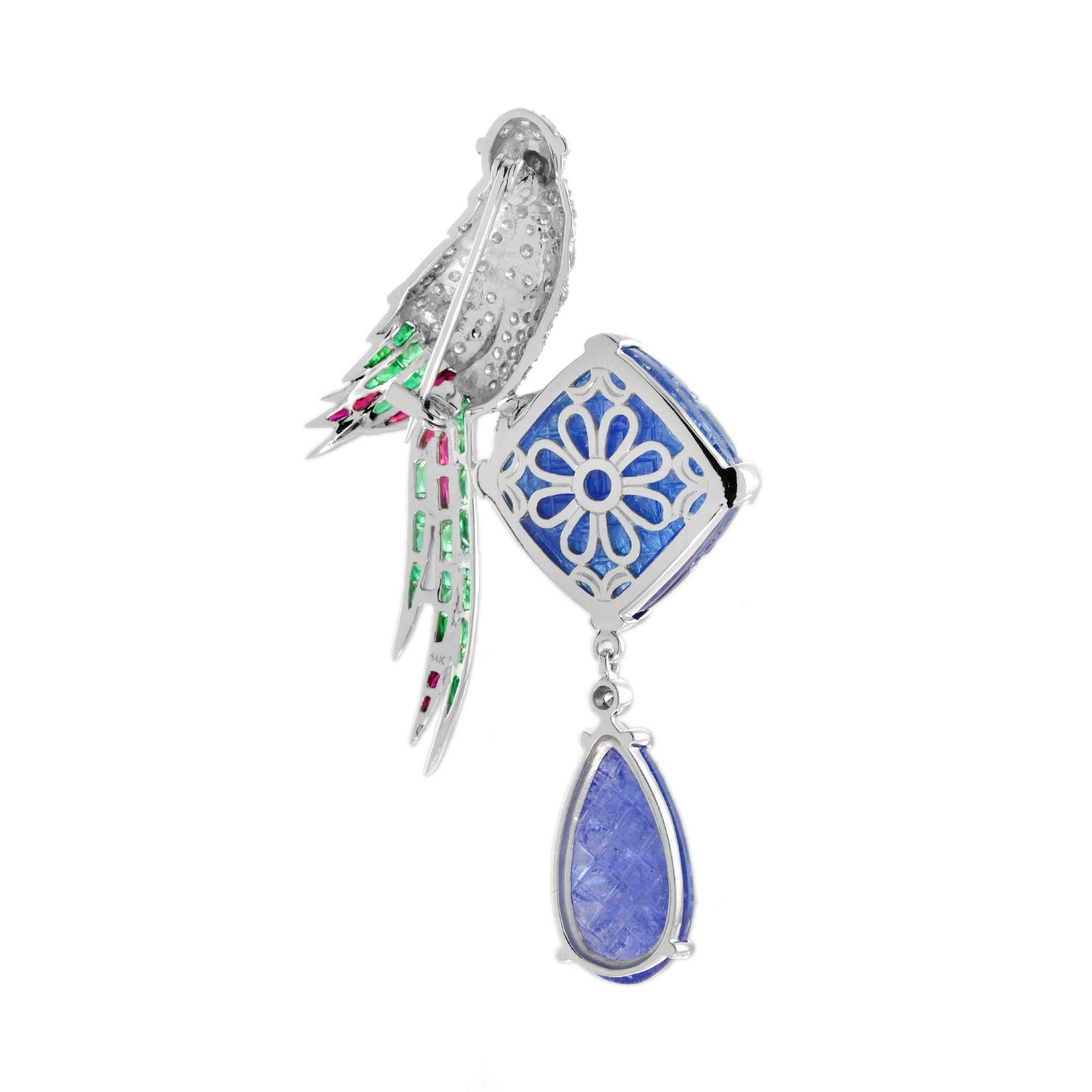 Mixed Cut Carved Tanzanite with Diamond Emerald Ruby Parrot Brooch in 14k White Gold
