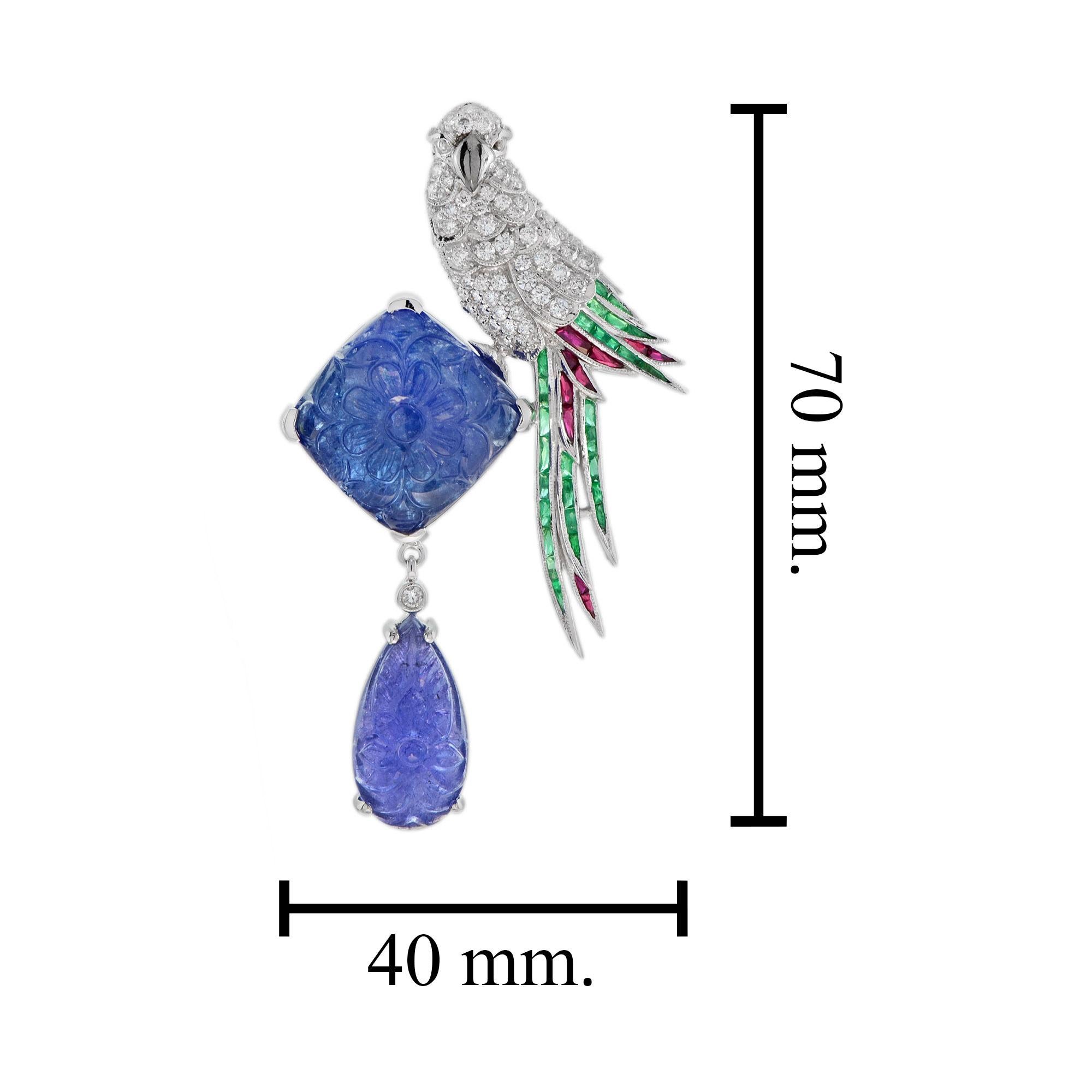 Women's or Men's Carved Tanzanite with Diamond Emerald Ruby Parrot Brooch in 14k White Gold