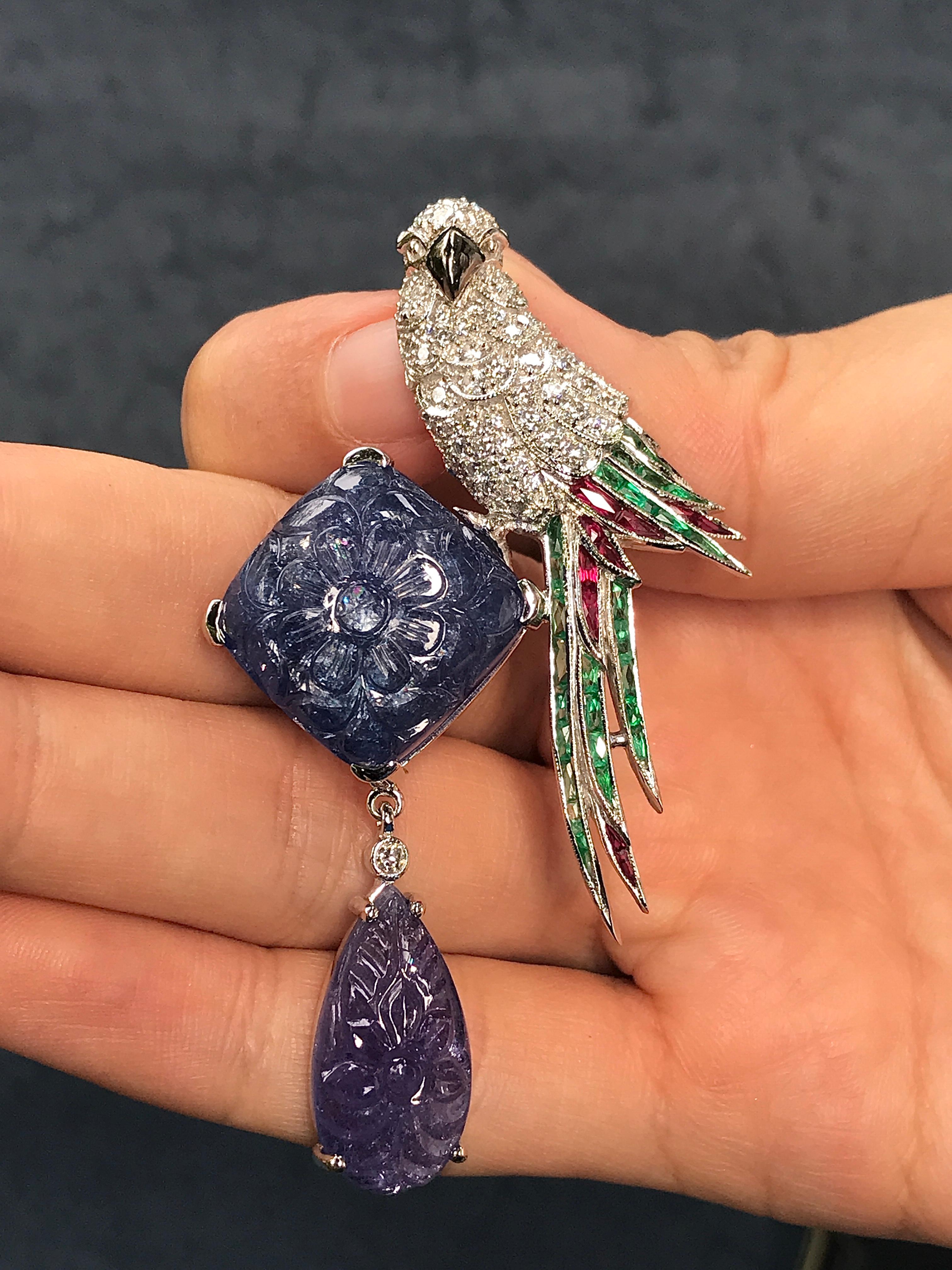 Carved Tanzanite with Diamond Emerald Ruby Parrot Brooch in 14k White Gold 1