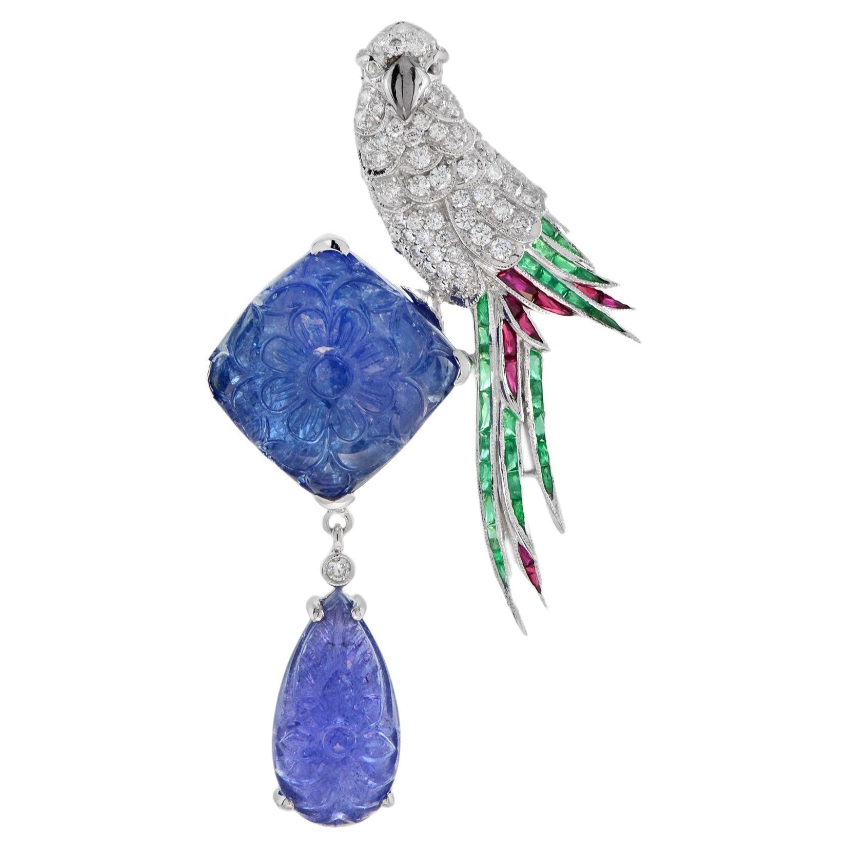 Carved Tanzanite with Diamond Emerald Ruby Parrot Brooch in 14k White Gold