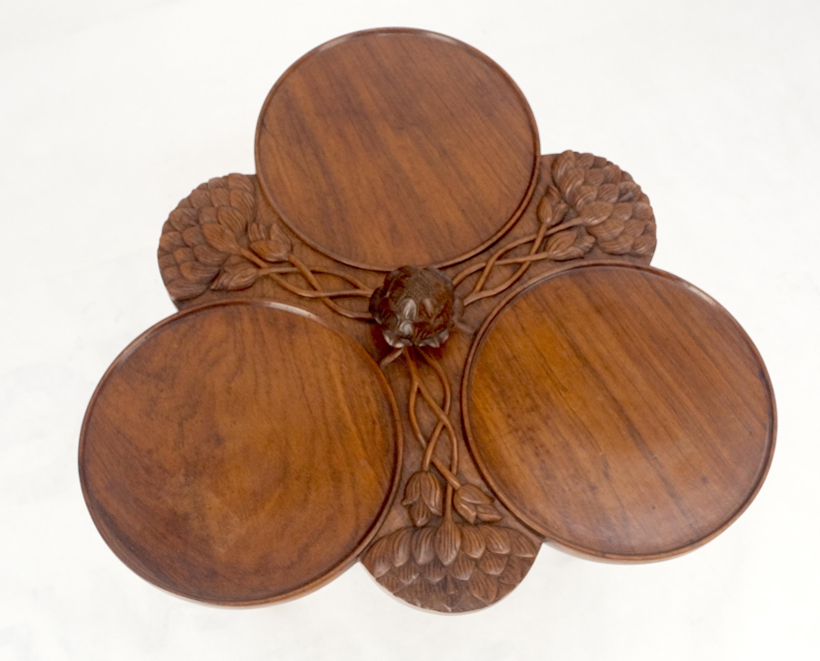 Carved Teak Acorn Tripod Base Triptych Round Tray Top Side End Serving Table For Sale 4