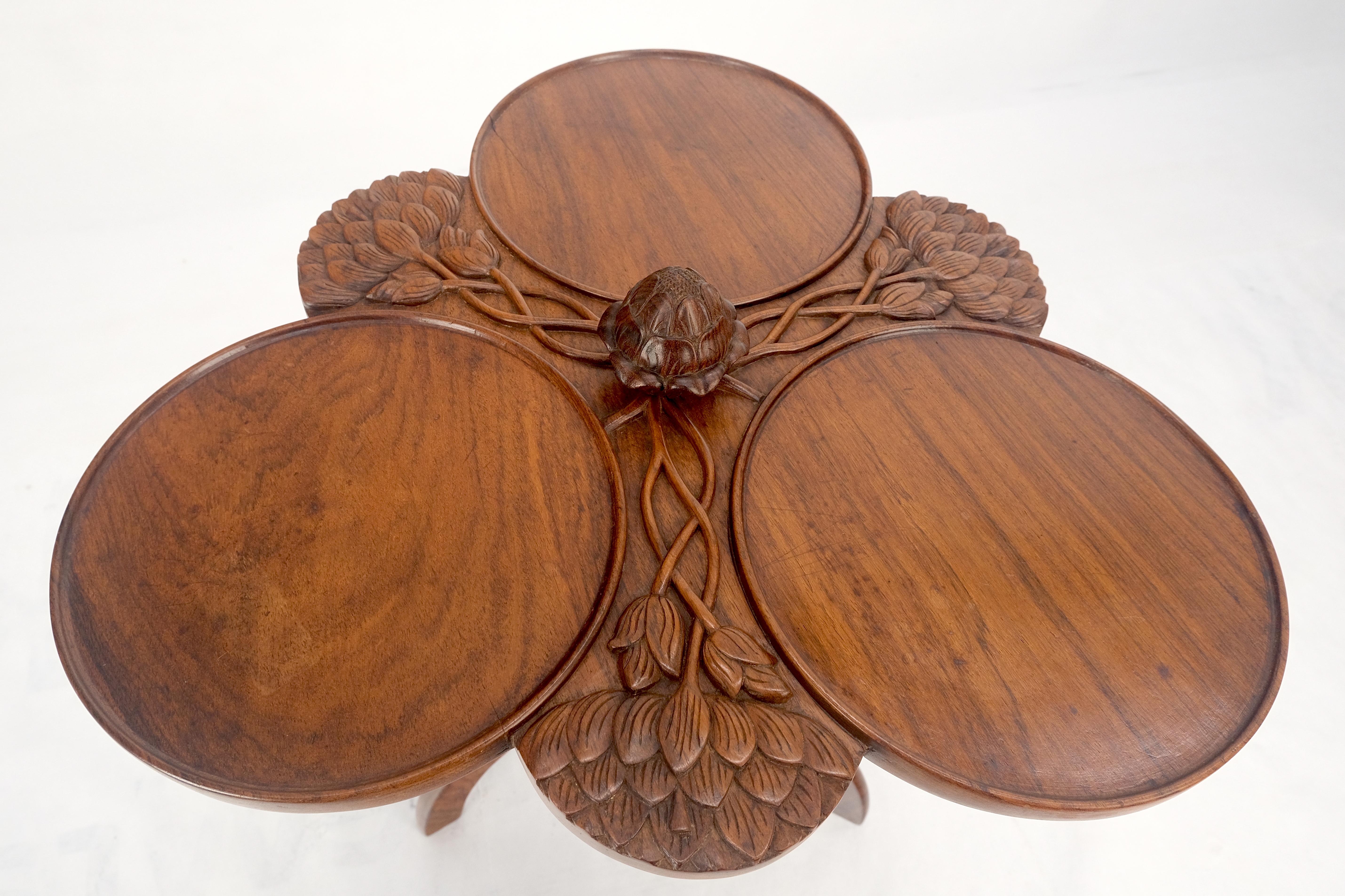 Carved Teak Acorn Tripod Base Triptych Round Tray Top Side End Serving Table For Sale 5