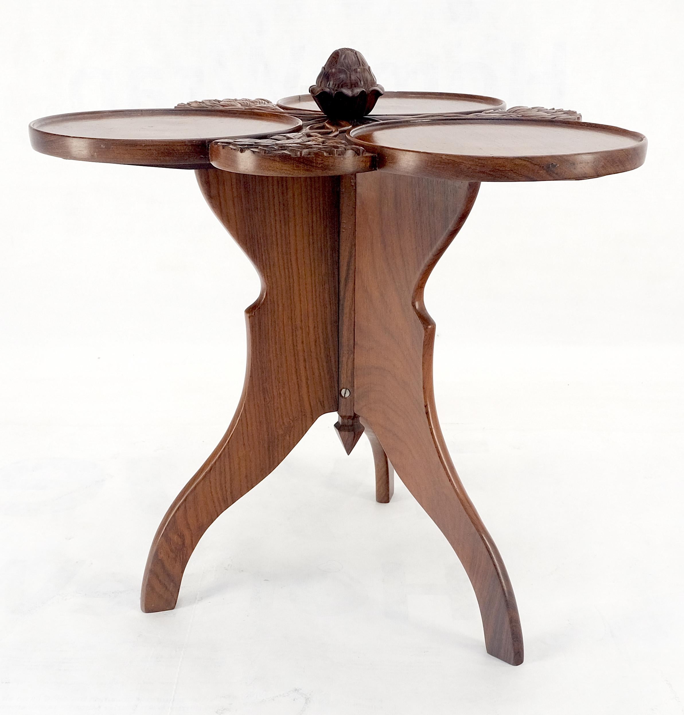 Anglo-Indian Carved Teak Acorn Tripod Base Triptych Round Tray Top Side End Serving Table For Sale