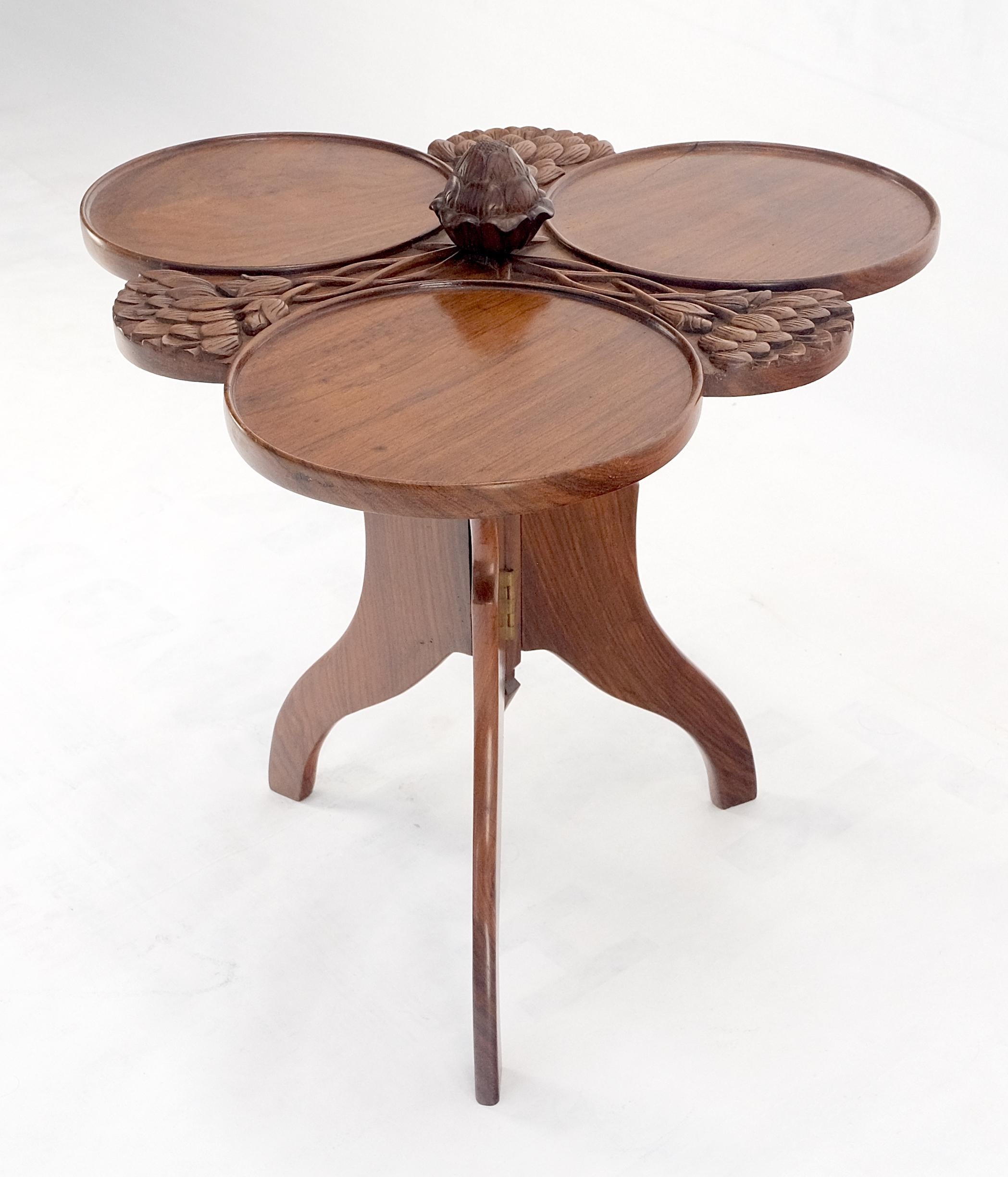 Unknown Carved Teak Acorn Tripod Base Triptych Round Tray Top Side End Serving Table For Sale