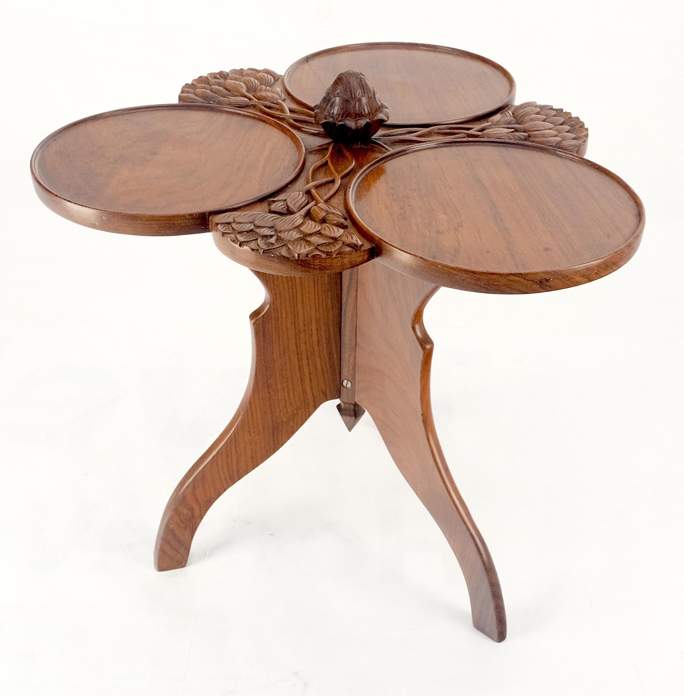 Lacquered Carved Teak Acorn Tripod Base Triptych Round Tray Top Side End Serving Table For Sale