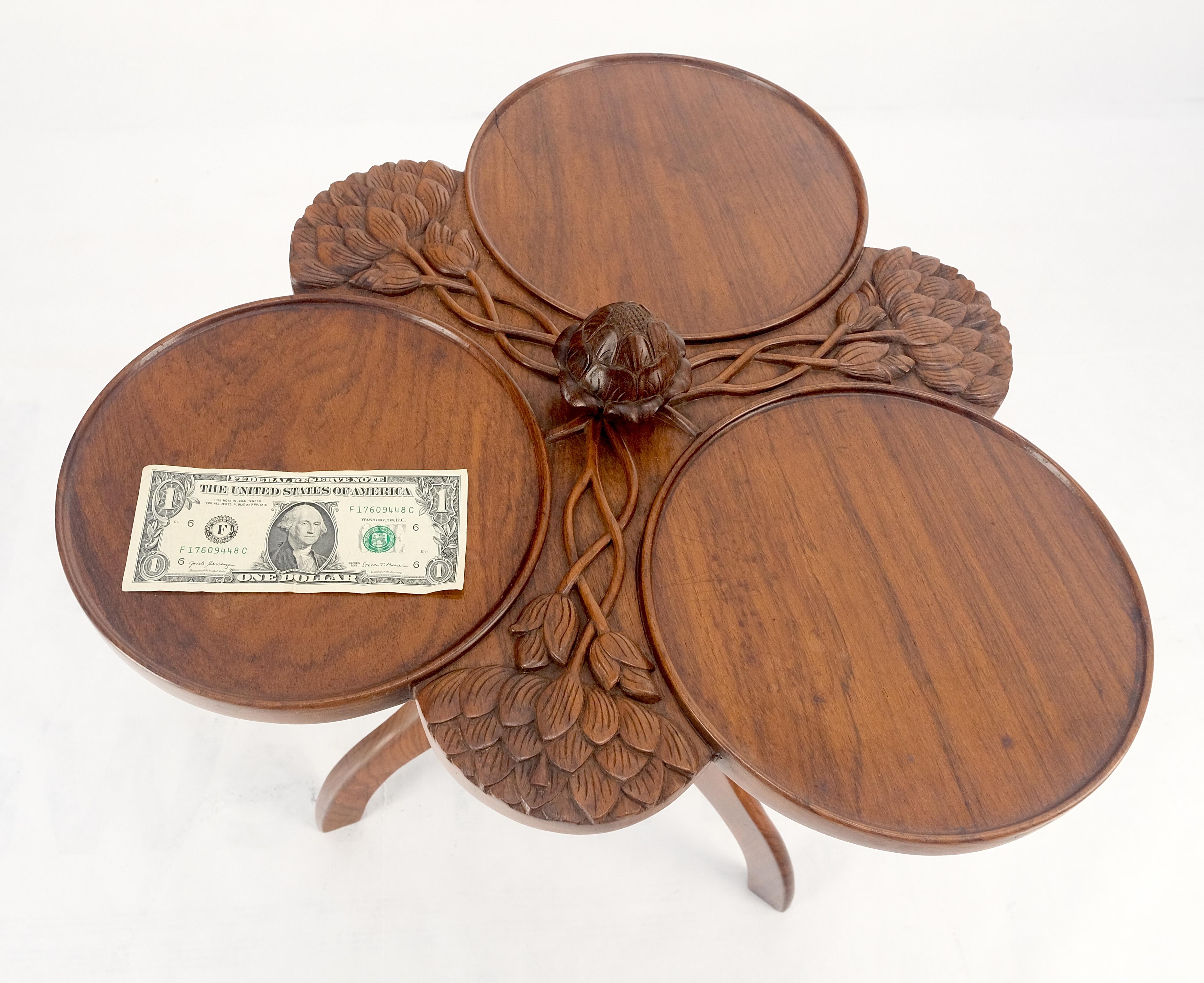 20th Century Carved Teak Acorn Tripod Base Triptych Round Tray Top Side End Serving Table For Sale