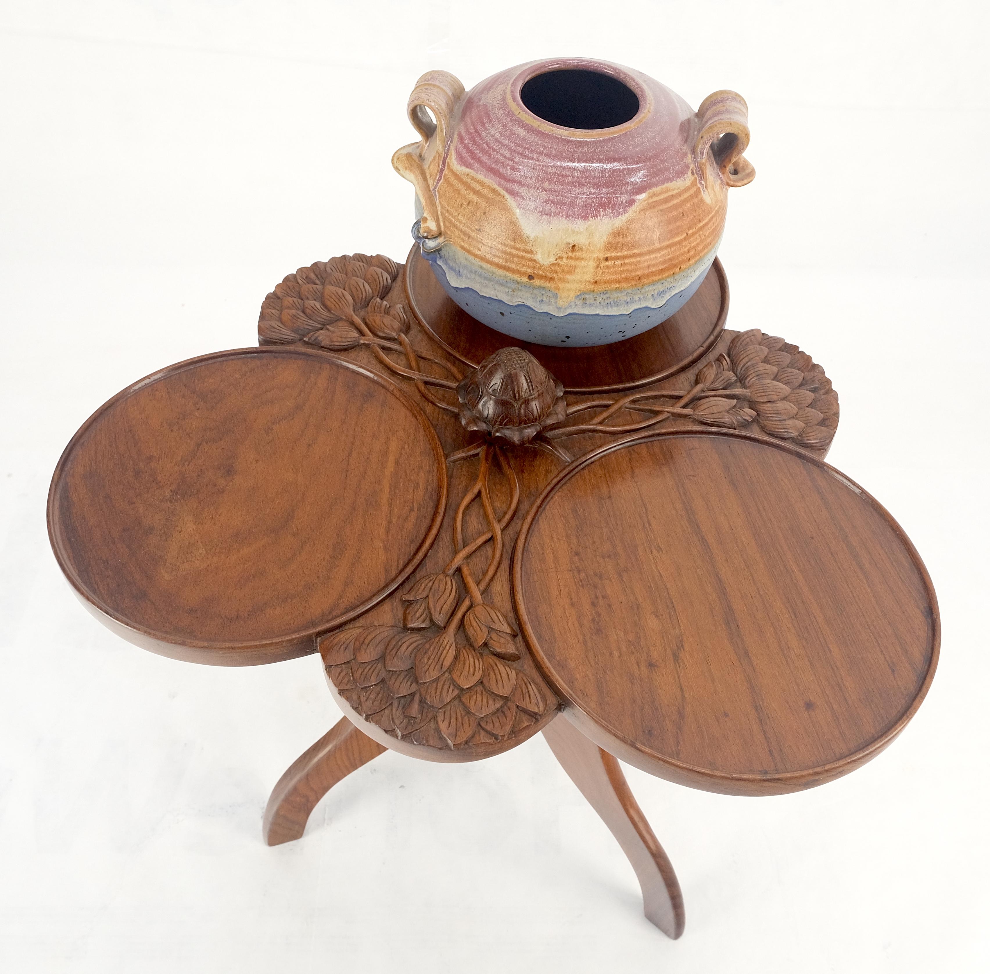 Carved Teak Acorn Tripod Base Triptych Round Tray Top Side End Serving Table For Sale 1