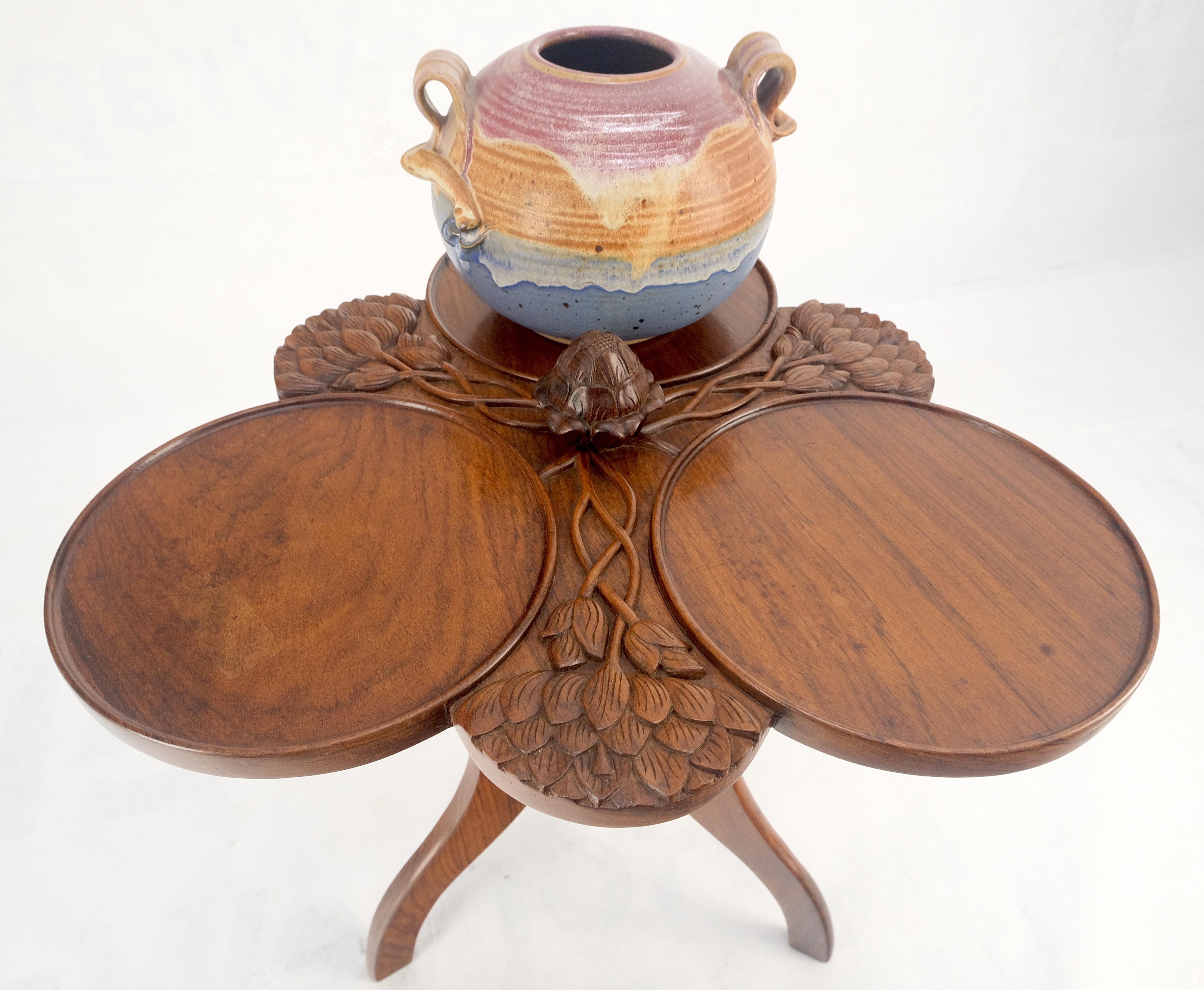 Carved Teak Acorn Tripod Base Triptych Round Tray Top Side End Serving Table For Sale 2