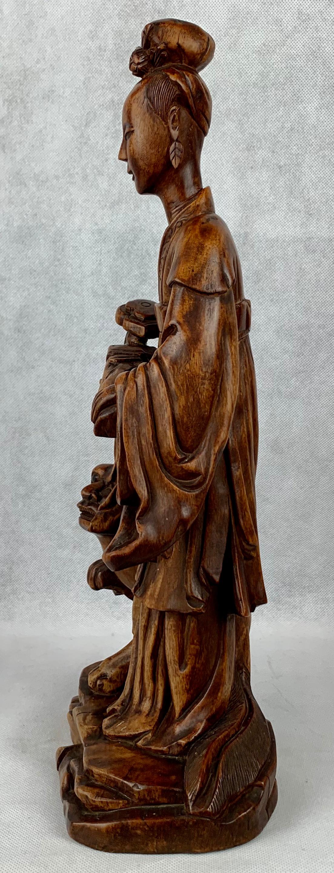 Hand Carved Teak Chinese Figure Holding a Ruy For Sale 4