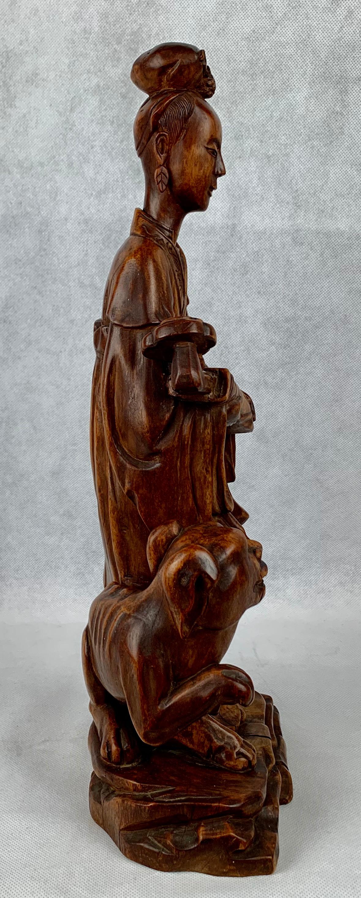 Chinoiserie Hand Carved Teak Chinese Figure Holding a Ruy For Sale