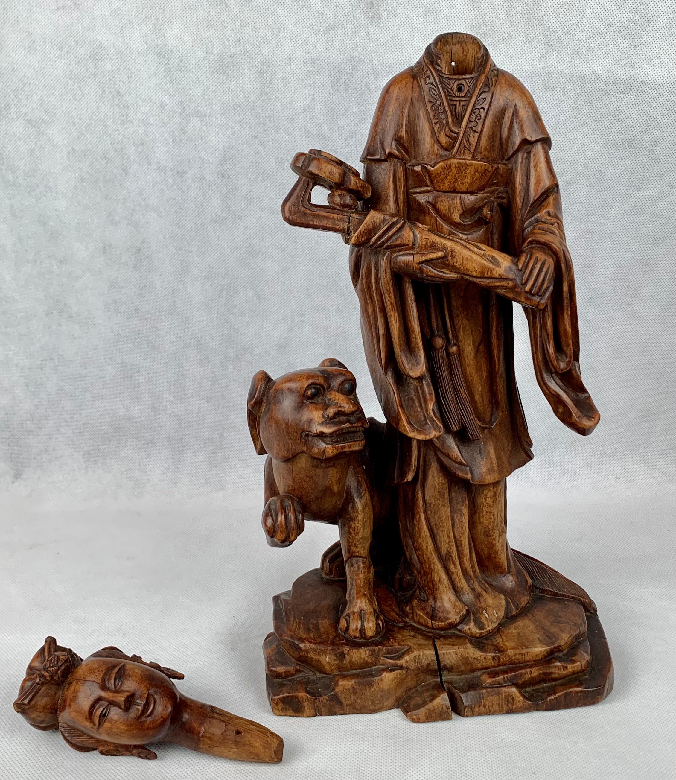 Hand Carved Teak Chinese Figure Holding a Ruy For Sale 2