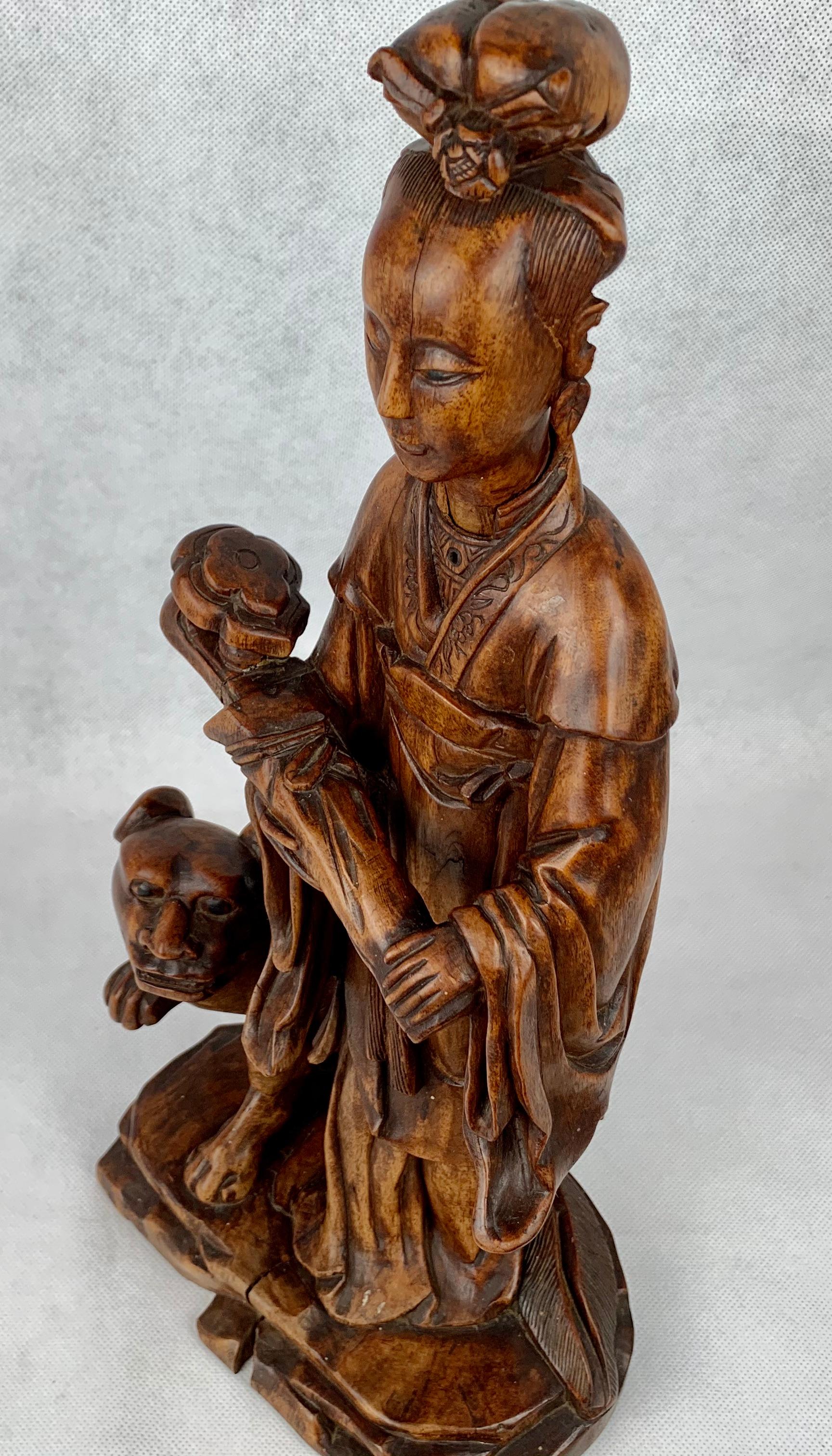 Hand Carved Teak Chinese Figure Holding a Ruy For Sale 3