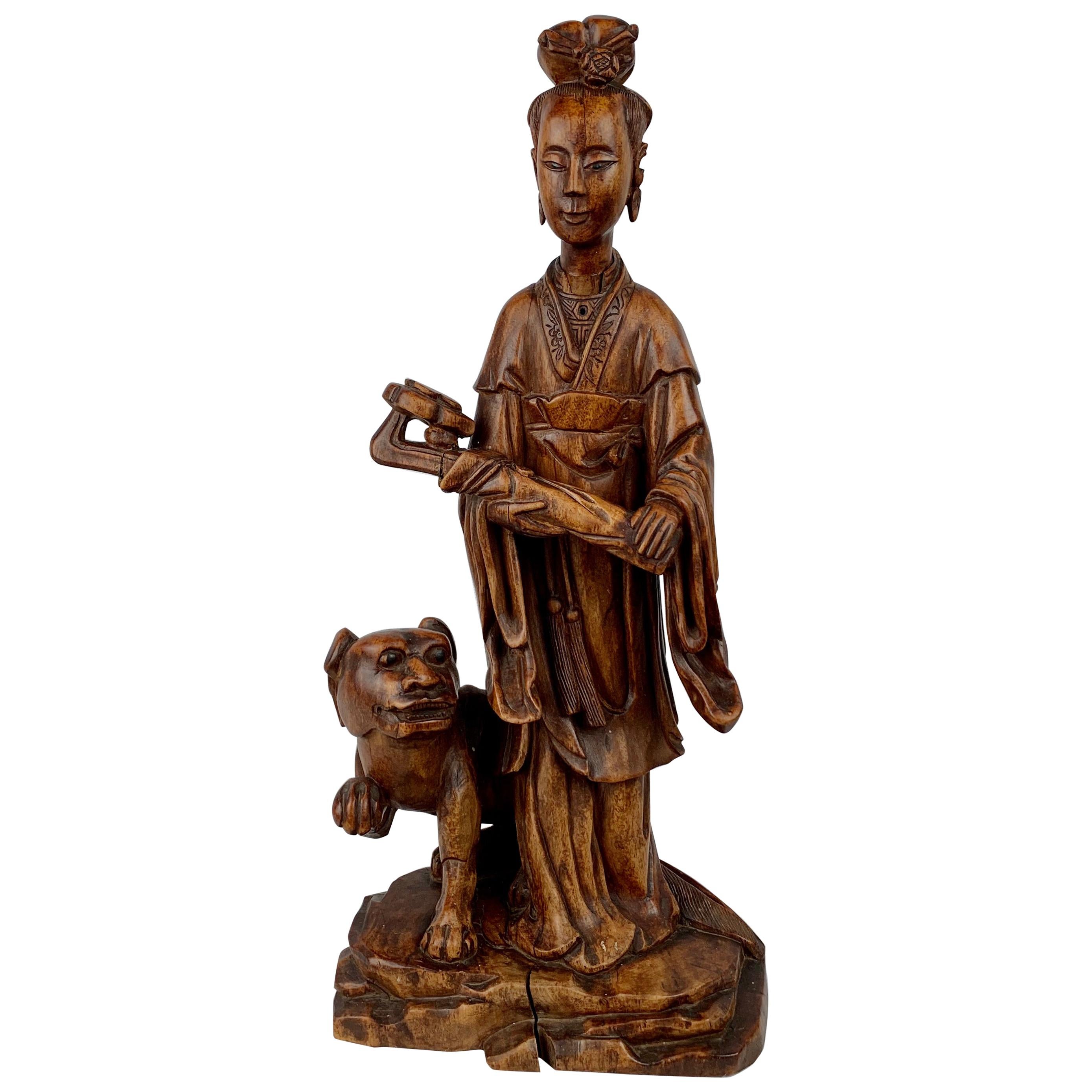 Hand Carved Teak Chinese Figure Holding a Ruy