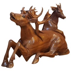 Carved Teak Figure of Two Stags