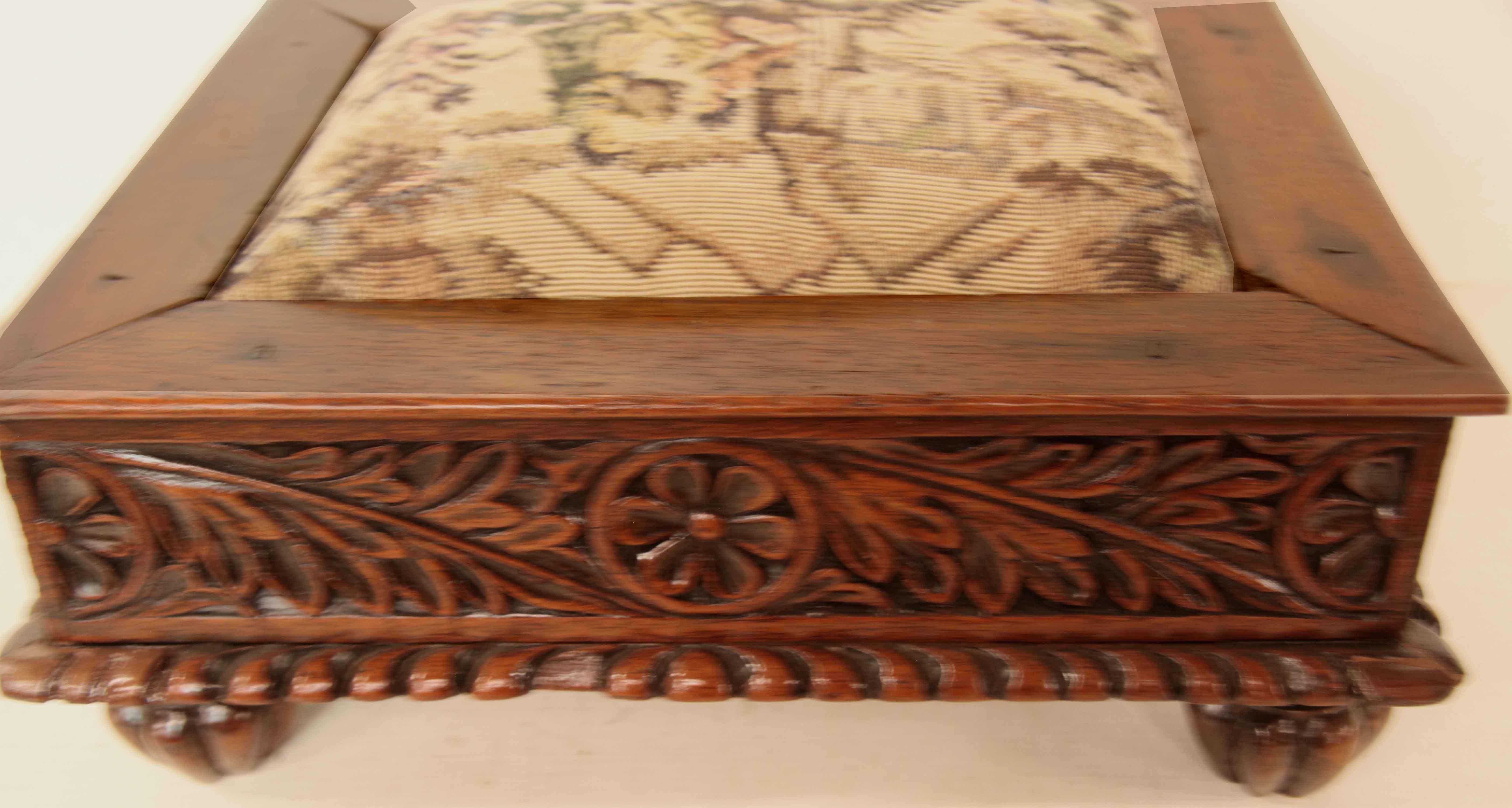 Fabric Carved Teak Foot Stool For Sale