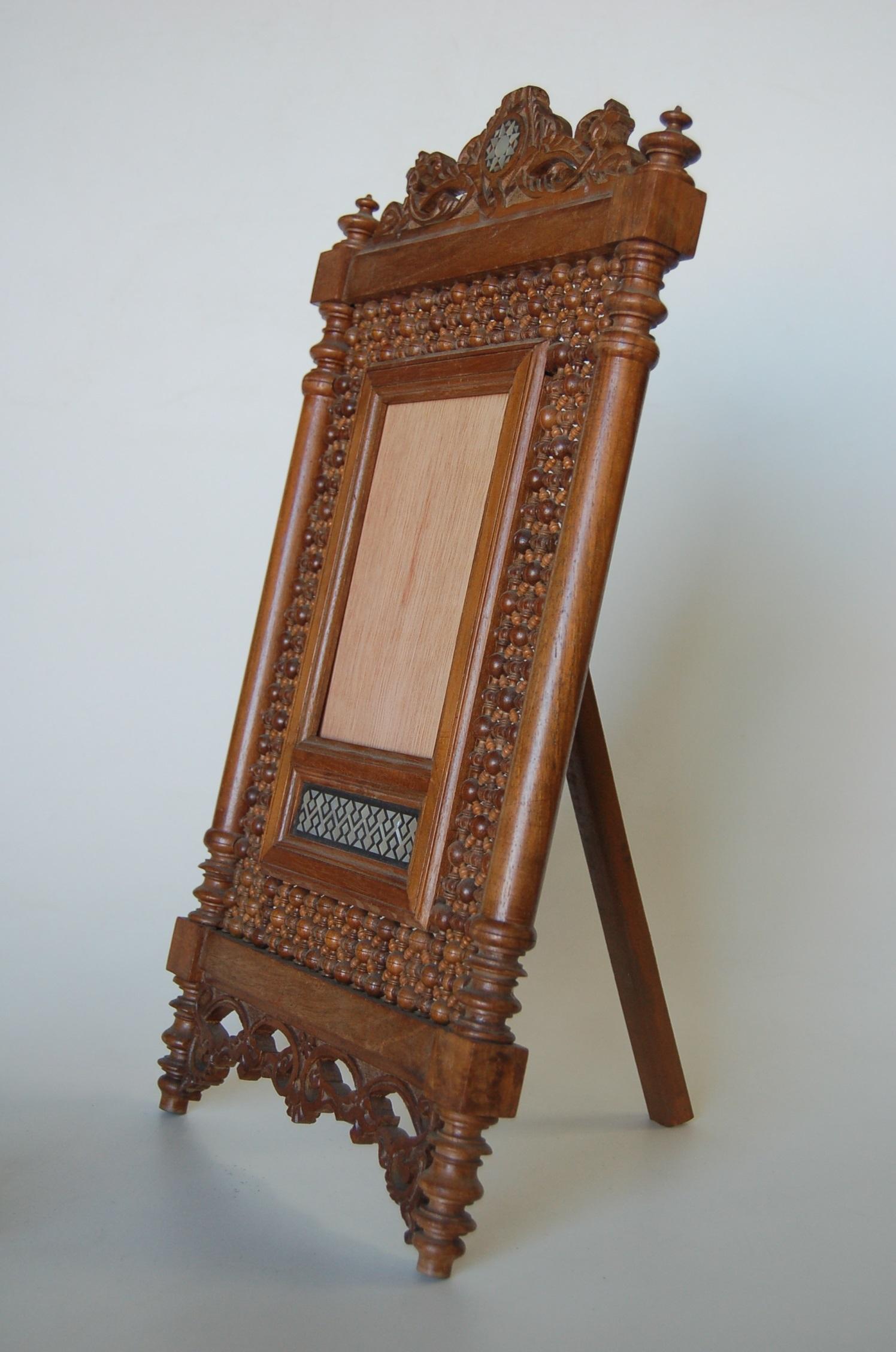 Indian Carved Teak Mirror with Mother of Pearl