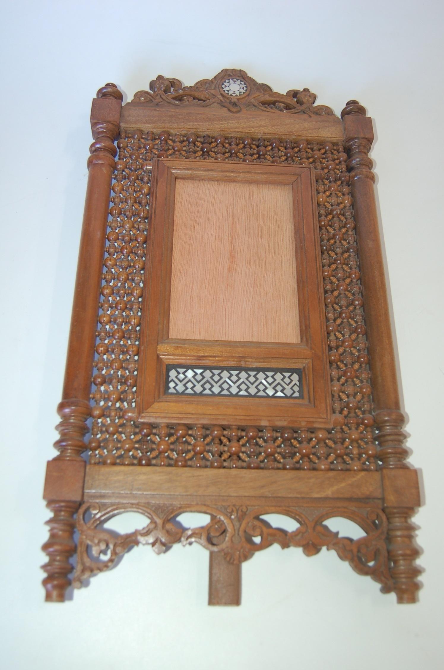 Carved Teak Mirror with Mother of Pearl In Excellent Condition In Van Nuys, CA