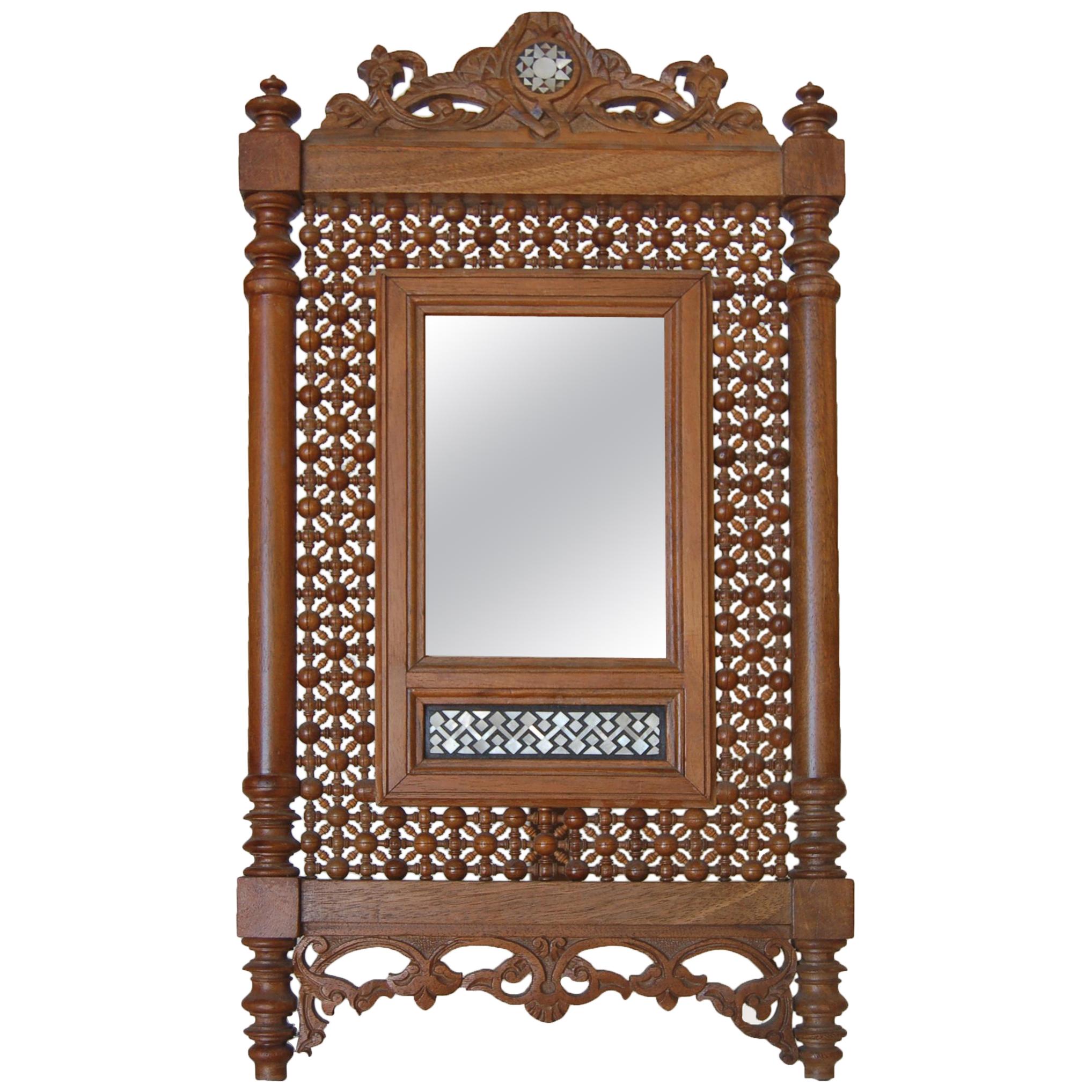 Carved Teak Mirror with Mother of Pearl