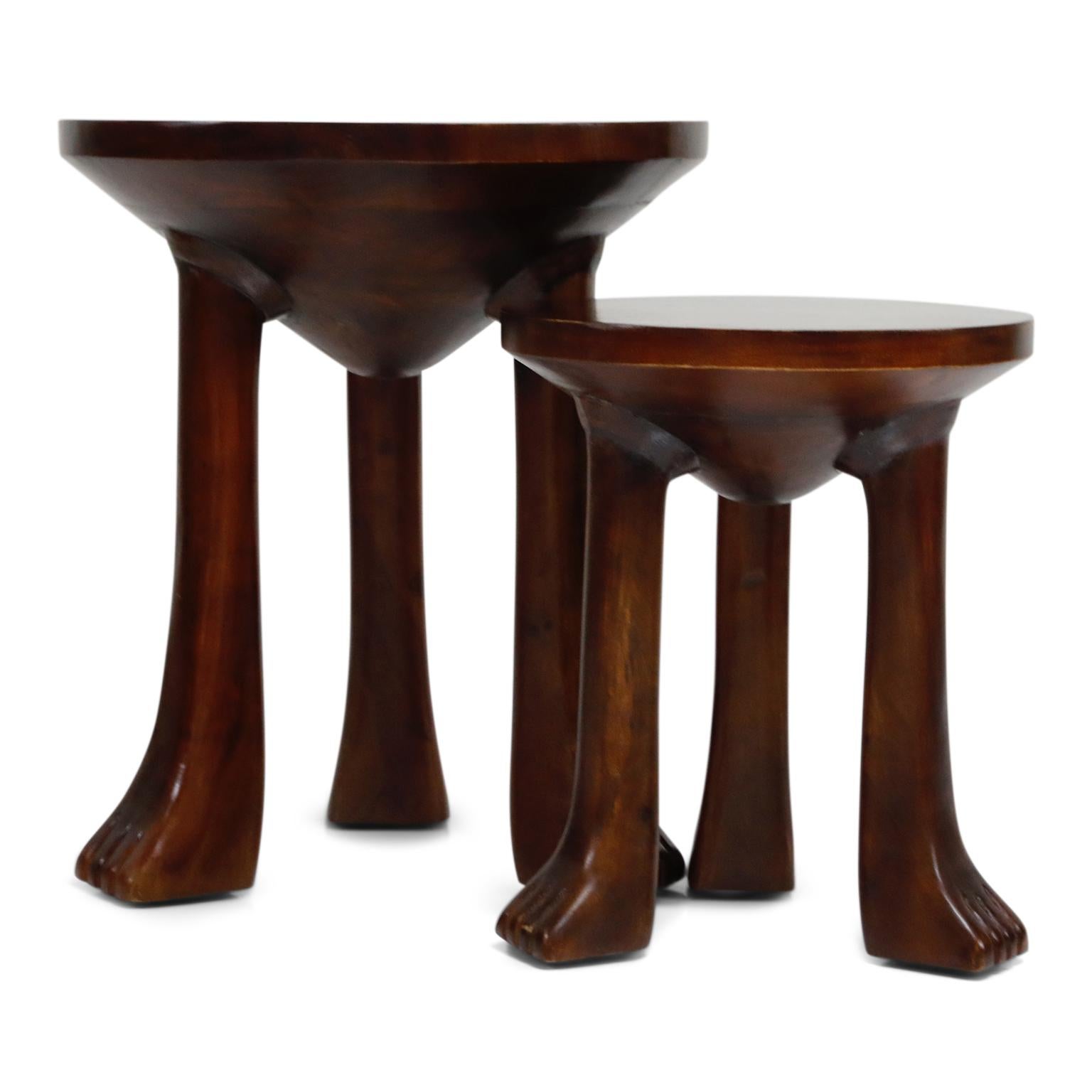 Carved Teak Three-Legged Lionfoot Side Tables in the Style of John Dickinson 4