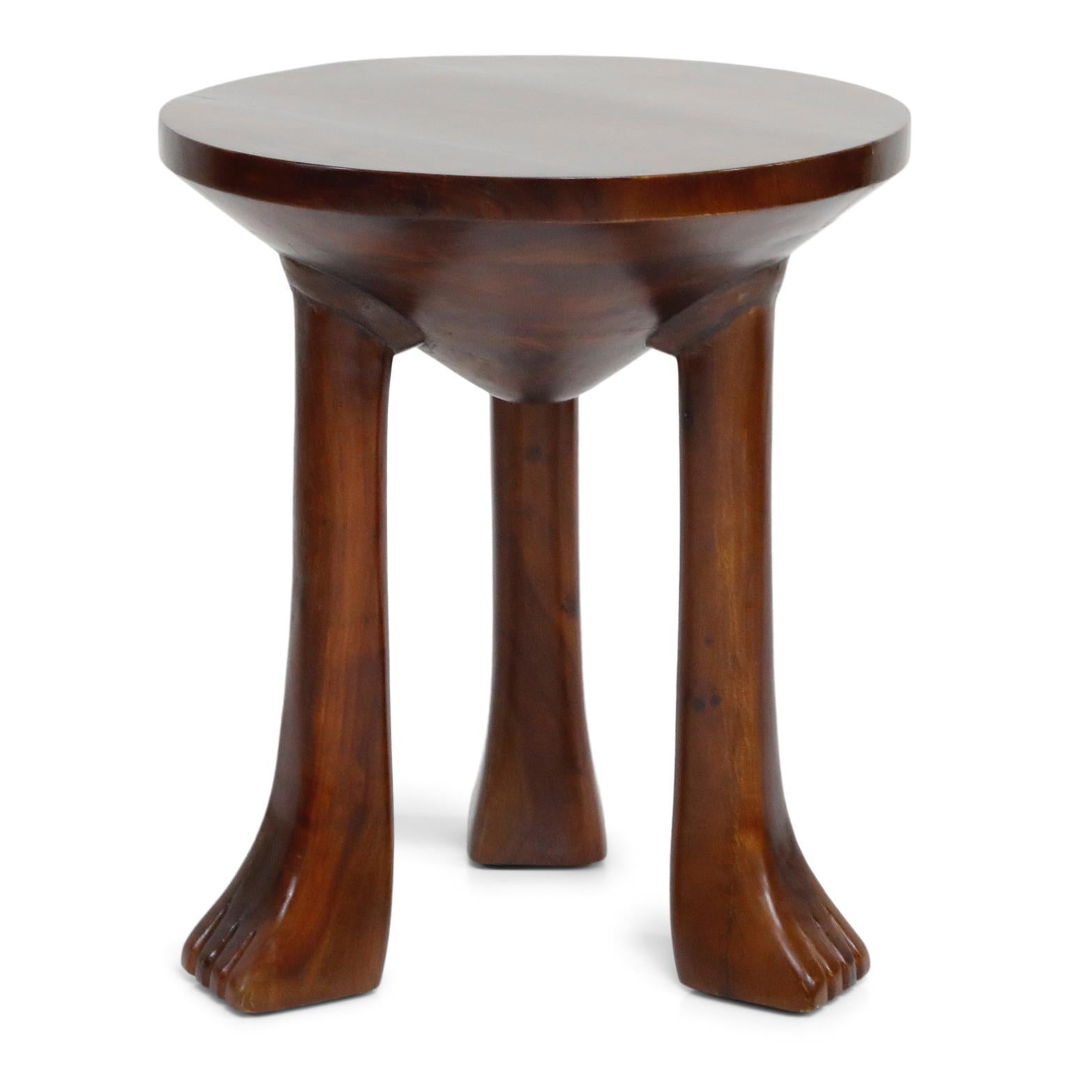 Tribal Carved Teak Three-Legged Lionfoot Side Tables in the Style of John Dickinson