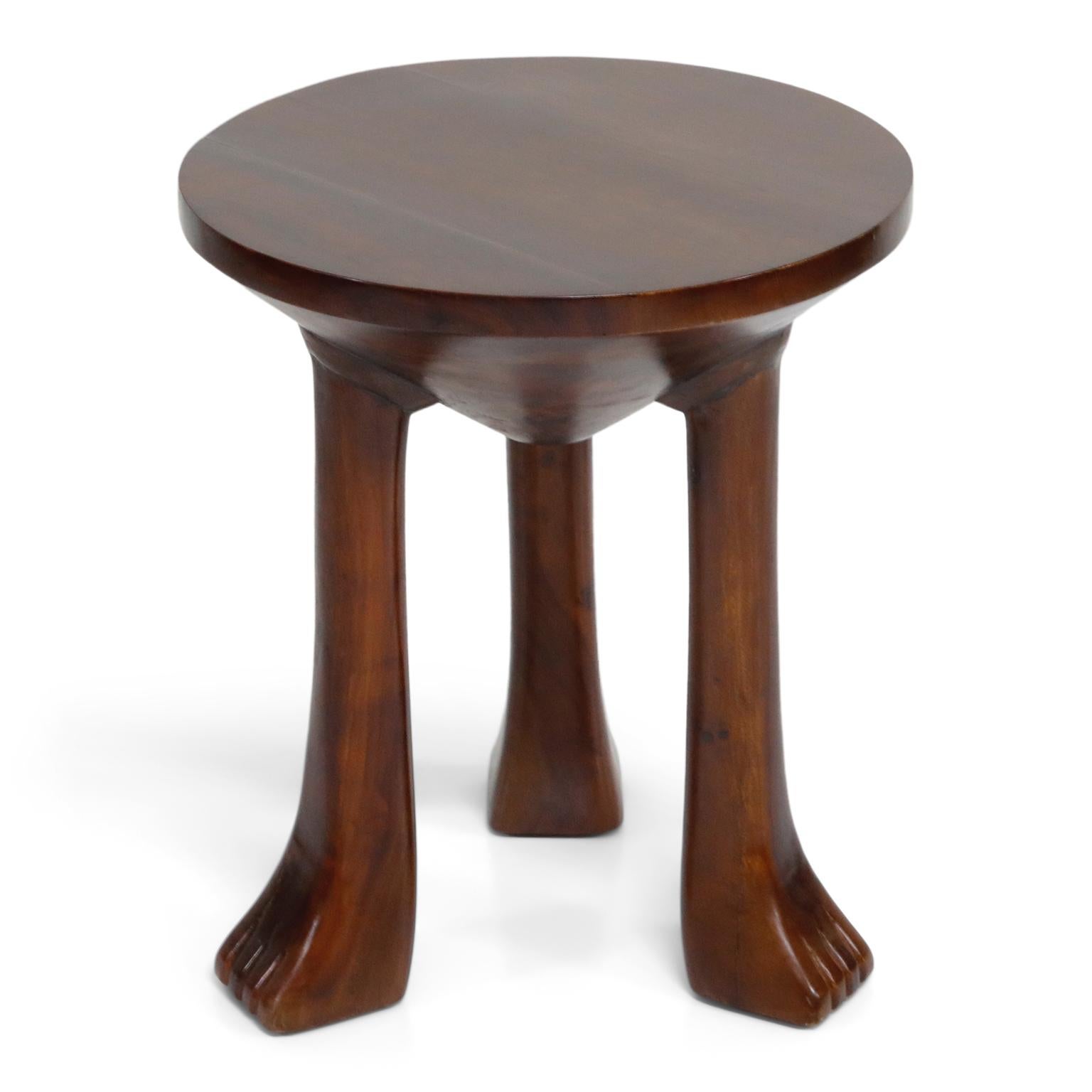 Carved Teak Three-Legged Lionfoot Side Tables in the Style of John Dickinson In Excellent Condition In Los Angeles, CA