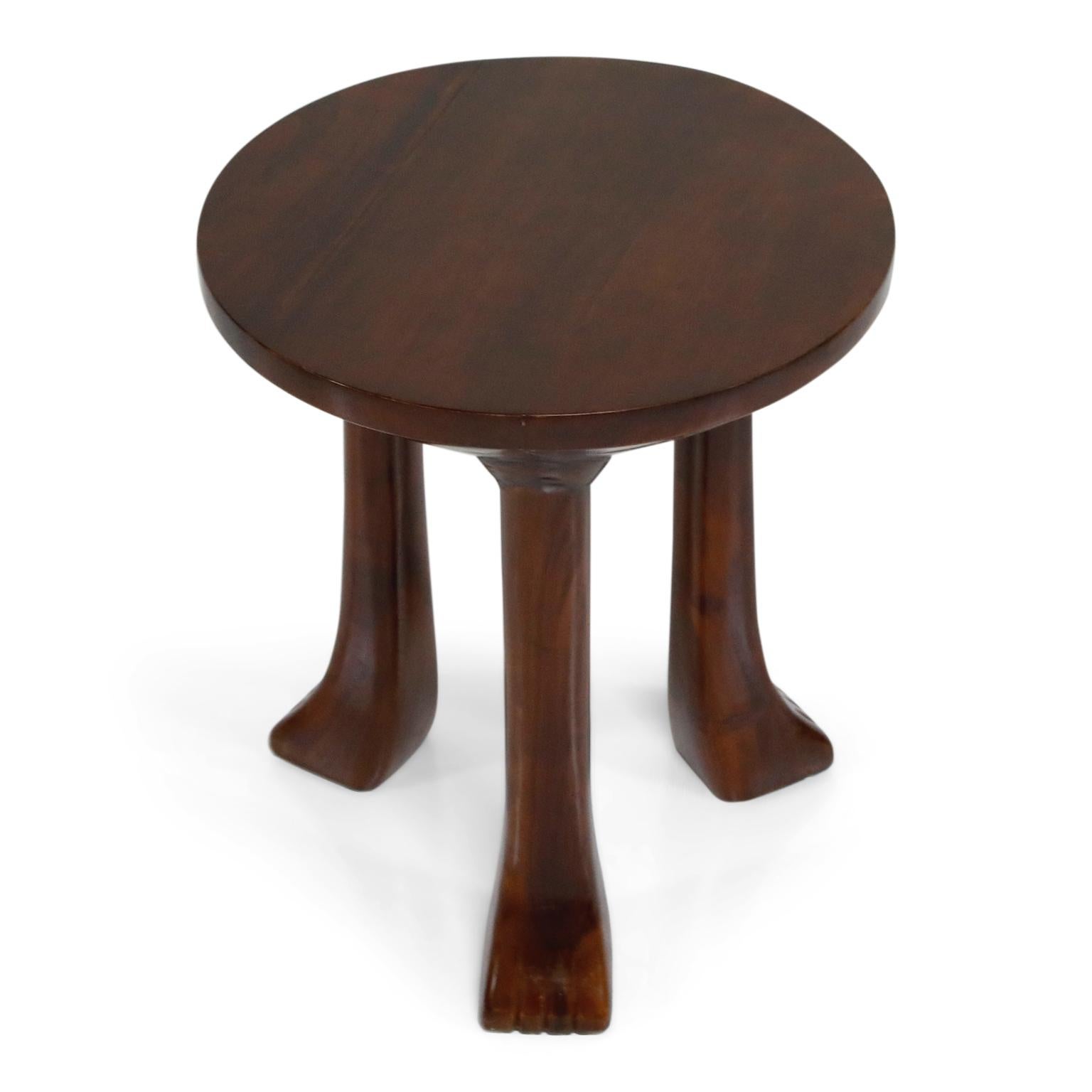 Carved Teak Three-Legged Lionfoot Side Tables in the Style of John Dickinson 1