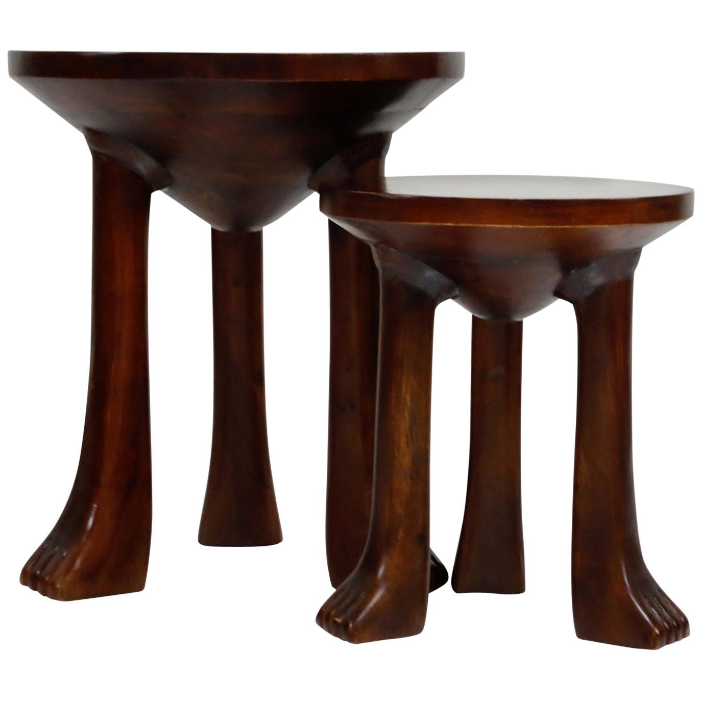 Carved Teak Three-Legged Lionfoot Side Tables in the Style of John Dickinson