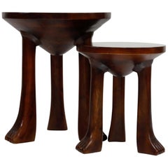 Carved Teak Three-Legged Lionfoot Stools in the Style of John Dickinson