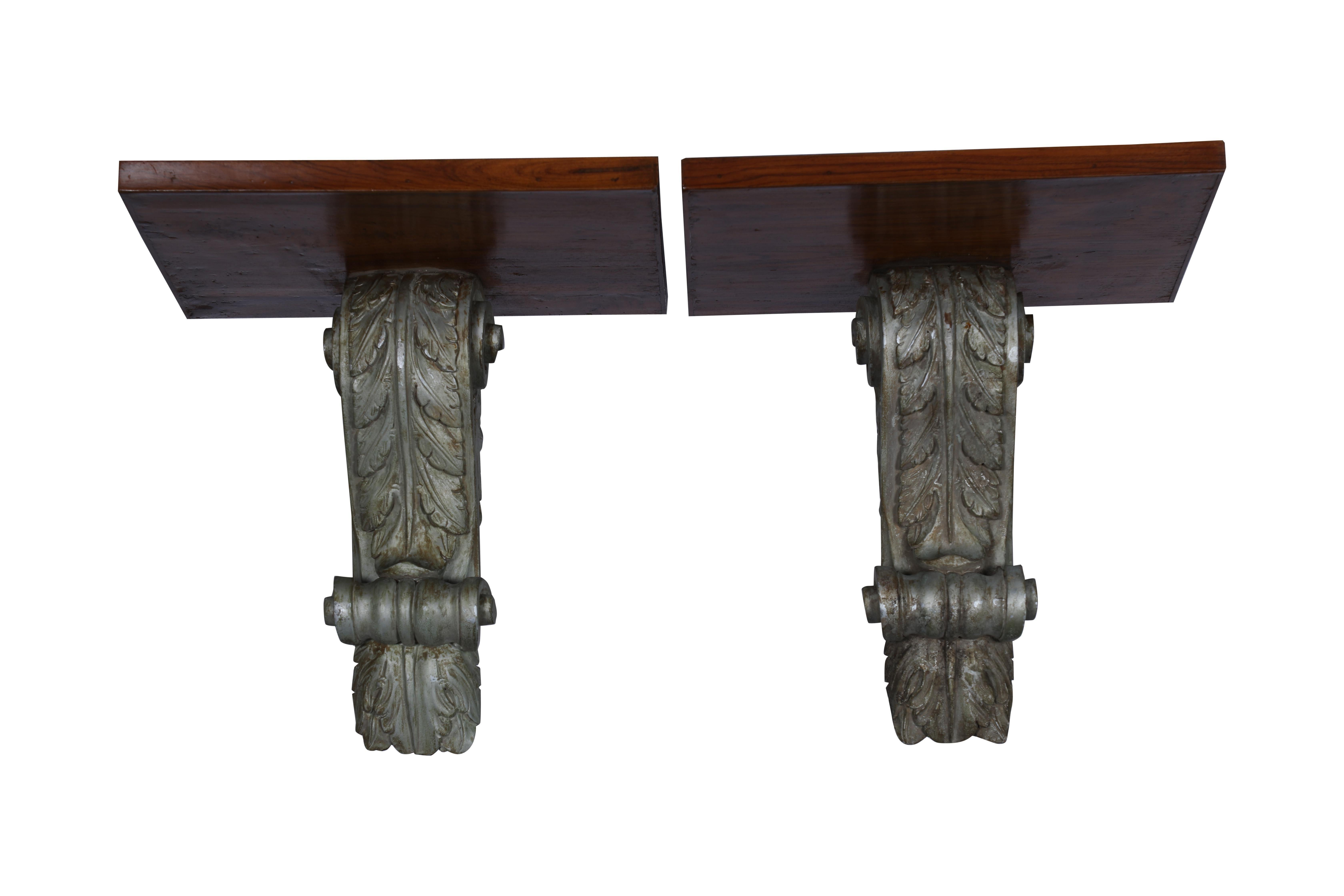British Colonial Carved Teak Wall Bracket Shelves with Original Paint