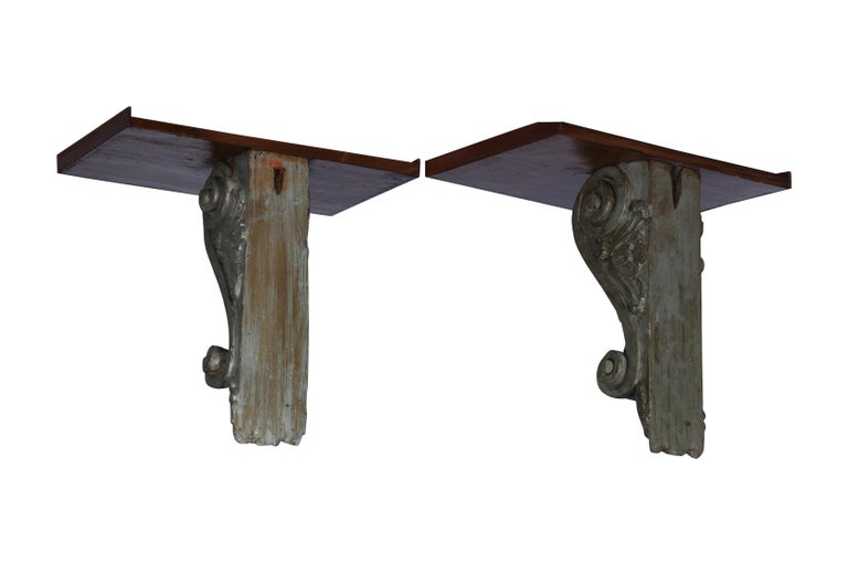 Carved Teak Wall Bracket Shelves with Original Paint For Sale at 1stDibs