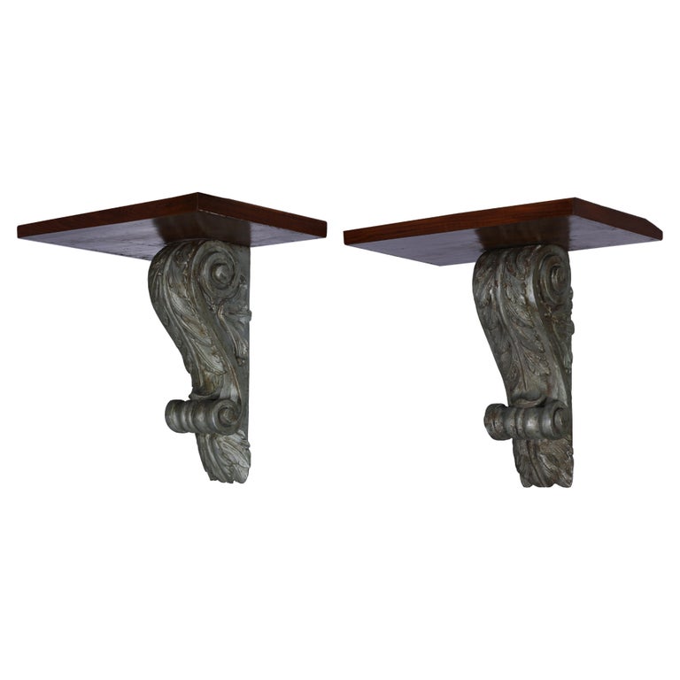 Carved Teak Wall Bracket Shelves with Original Paint For Sale at 1stDibs