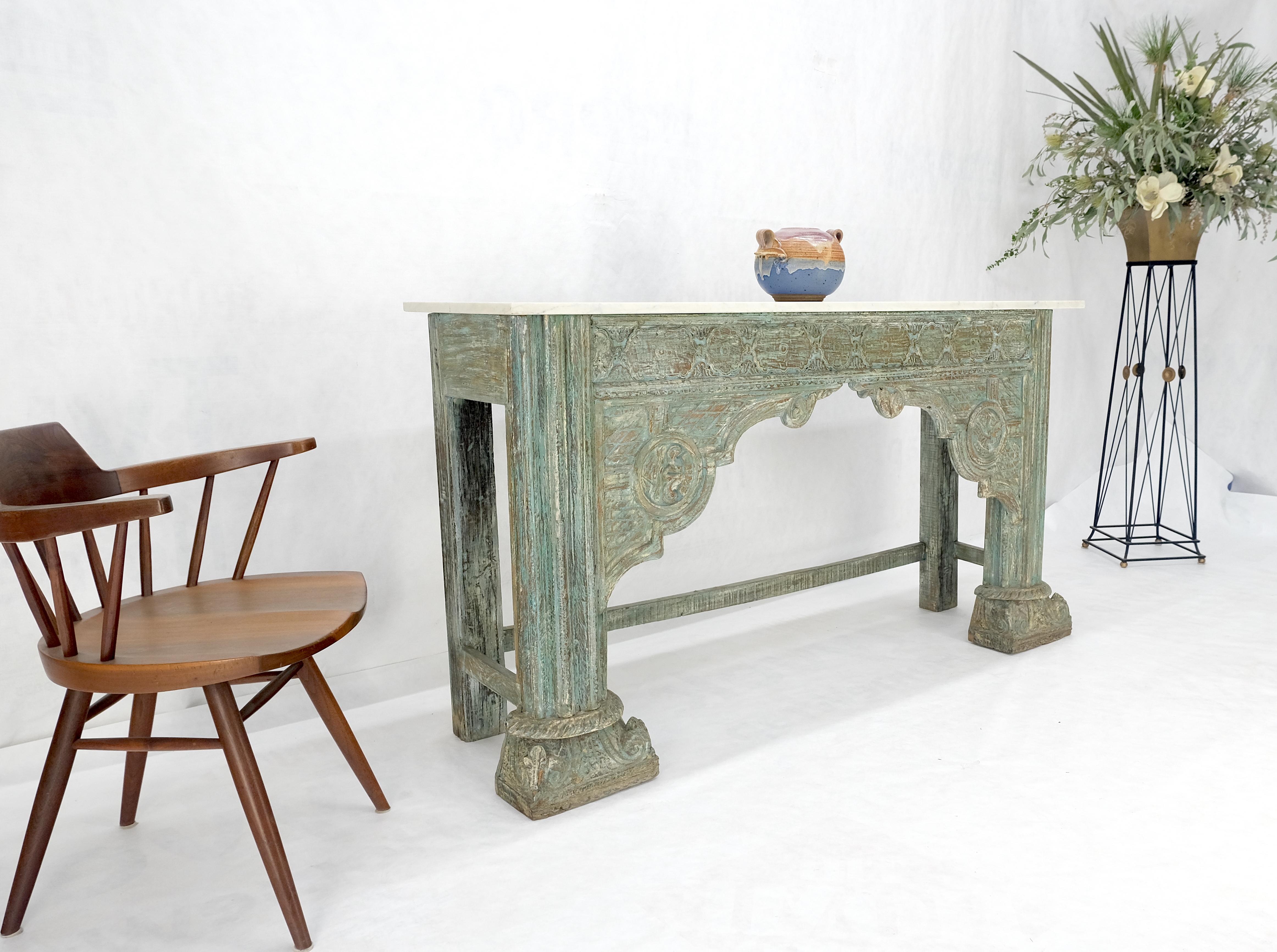Carved Teak White Marble Top Indian Asian Style Antique Console Green Wash Finis 5