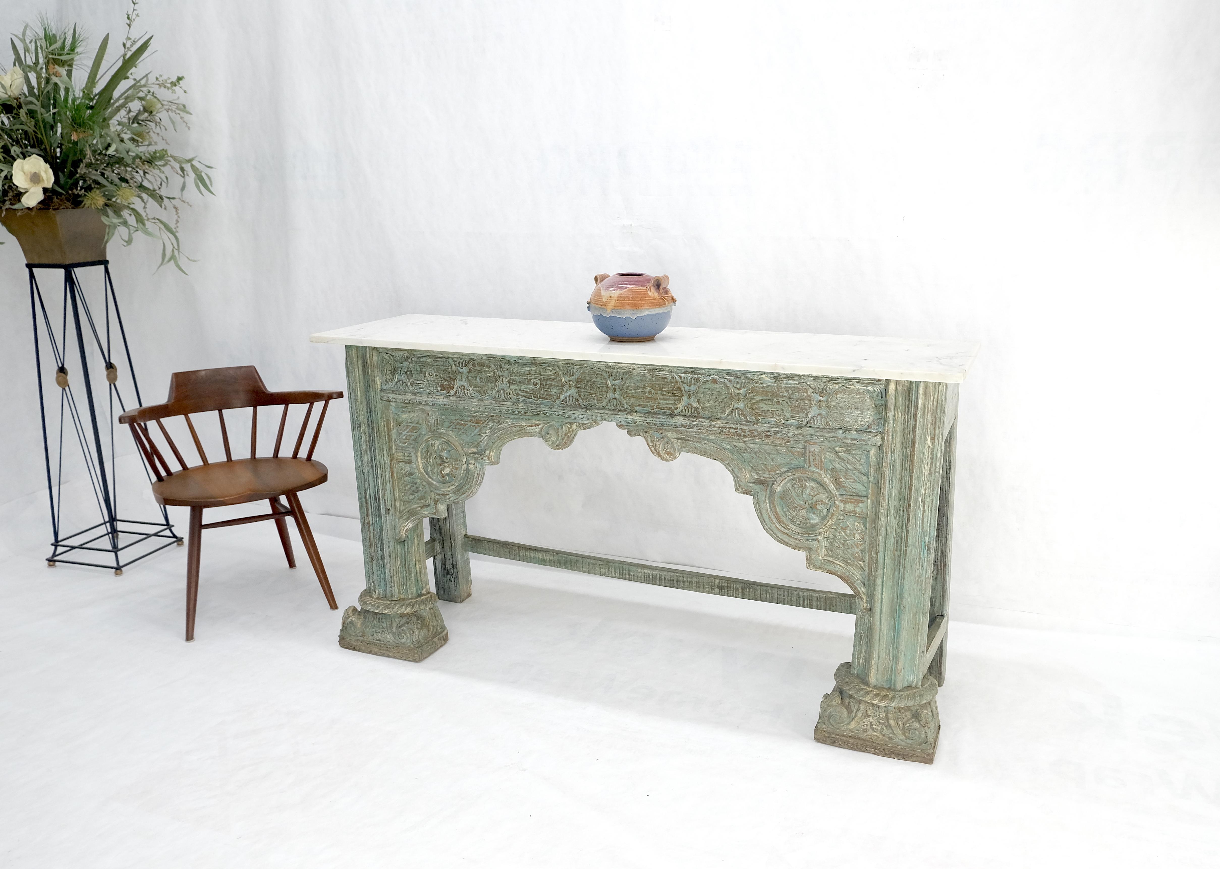 Carved Teak White Marble Top Indian Asian Style Antique Console Green Wash Finis 6