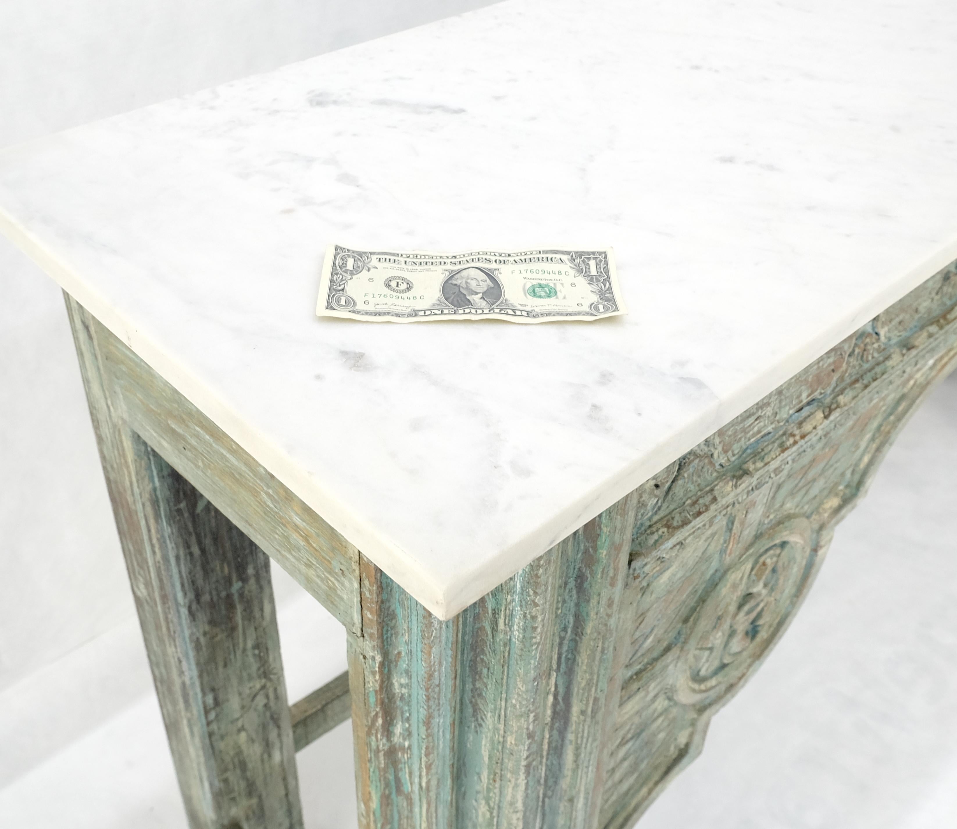 Carved Teak White Marble Top Indian Asian Style Antique Console Green Wash Finis 7