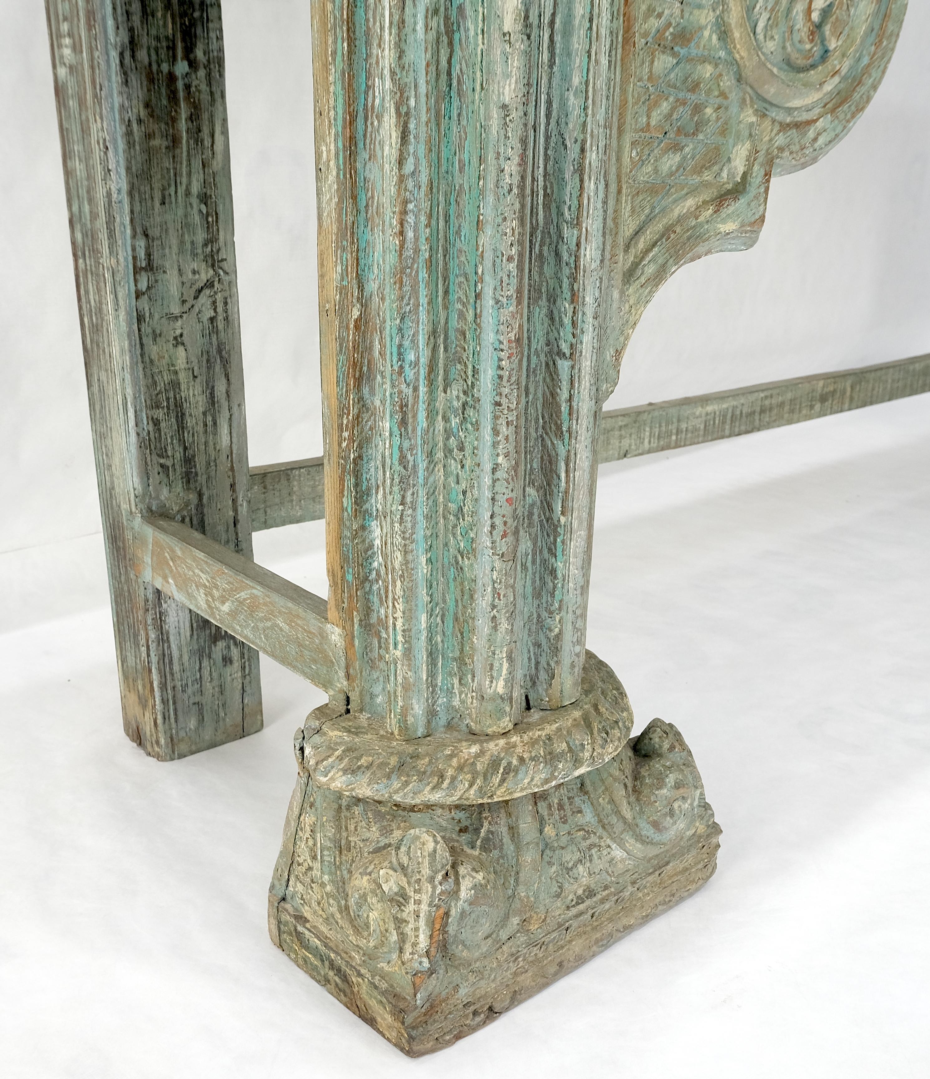 Carved Teak White Marble Top Indian Asian Style Antique Console Green Wash Finish