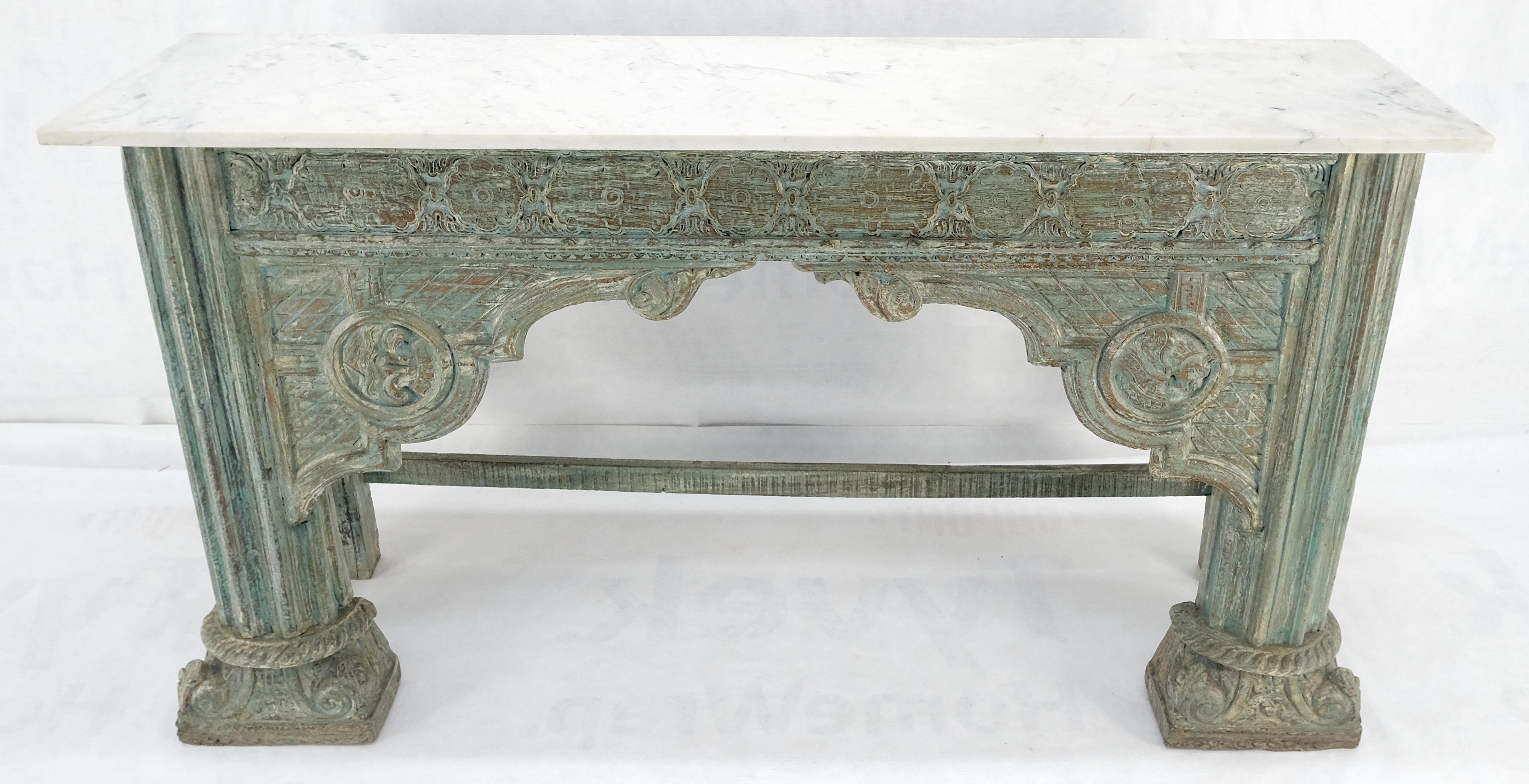Anglo-Indian Carved Teak White Marble Top Indian Asian Style Antique Console Green Wash Finis