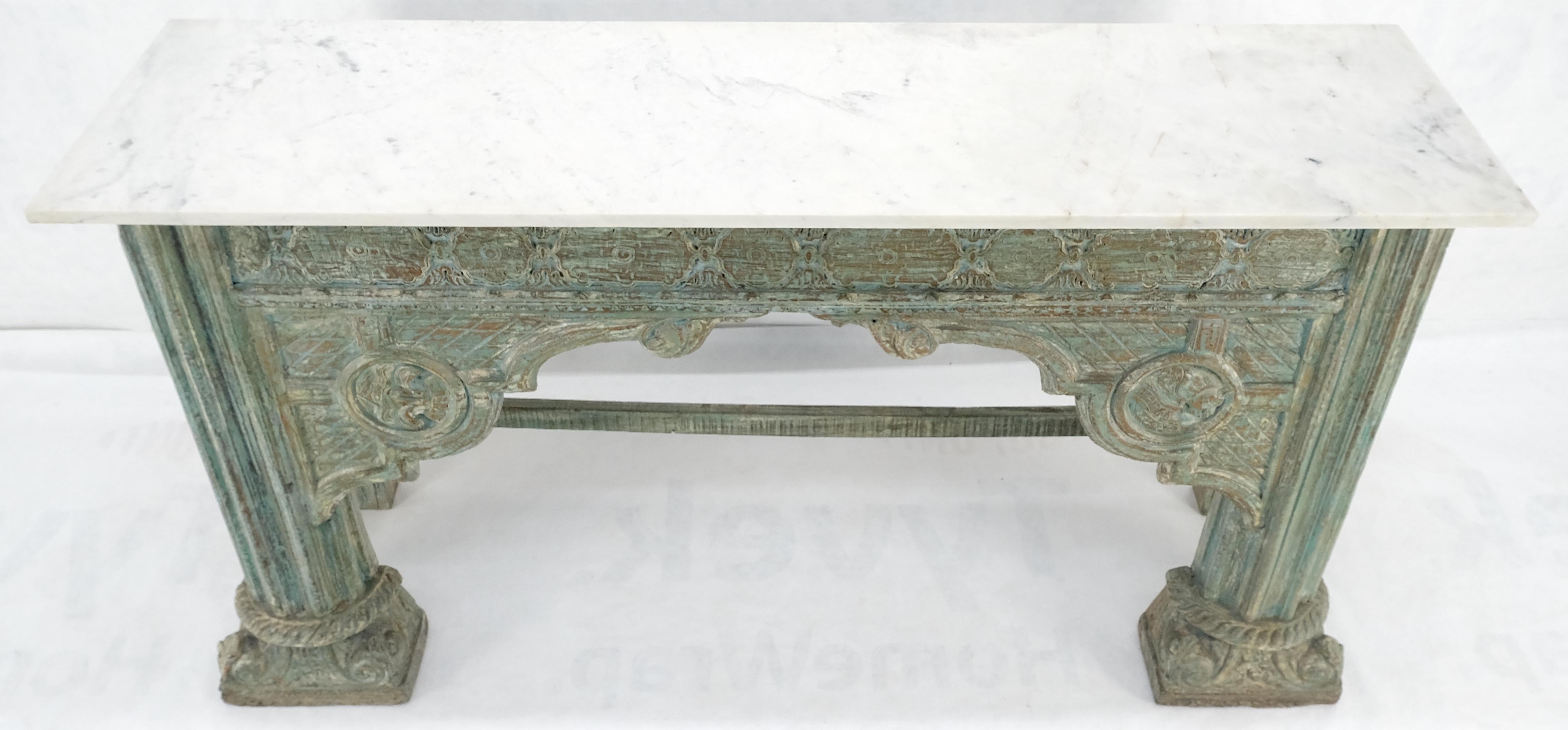 Carved Teak White Marble Top Indian Asian Style Antique Console Green Wash Finis In Good Condition In Rockaway, NJ