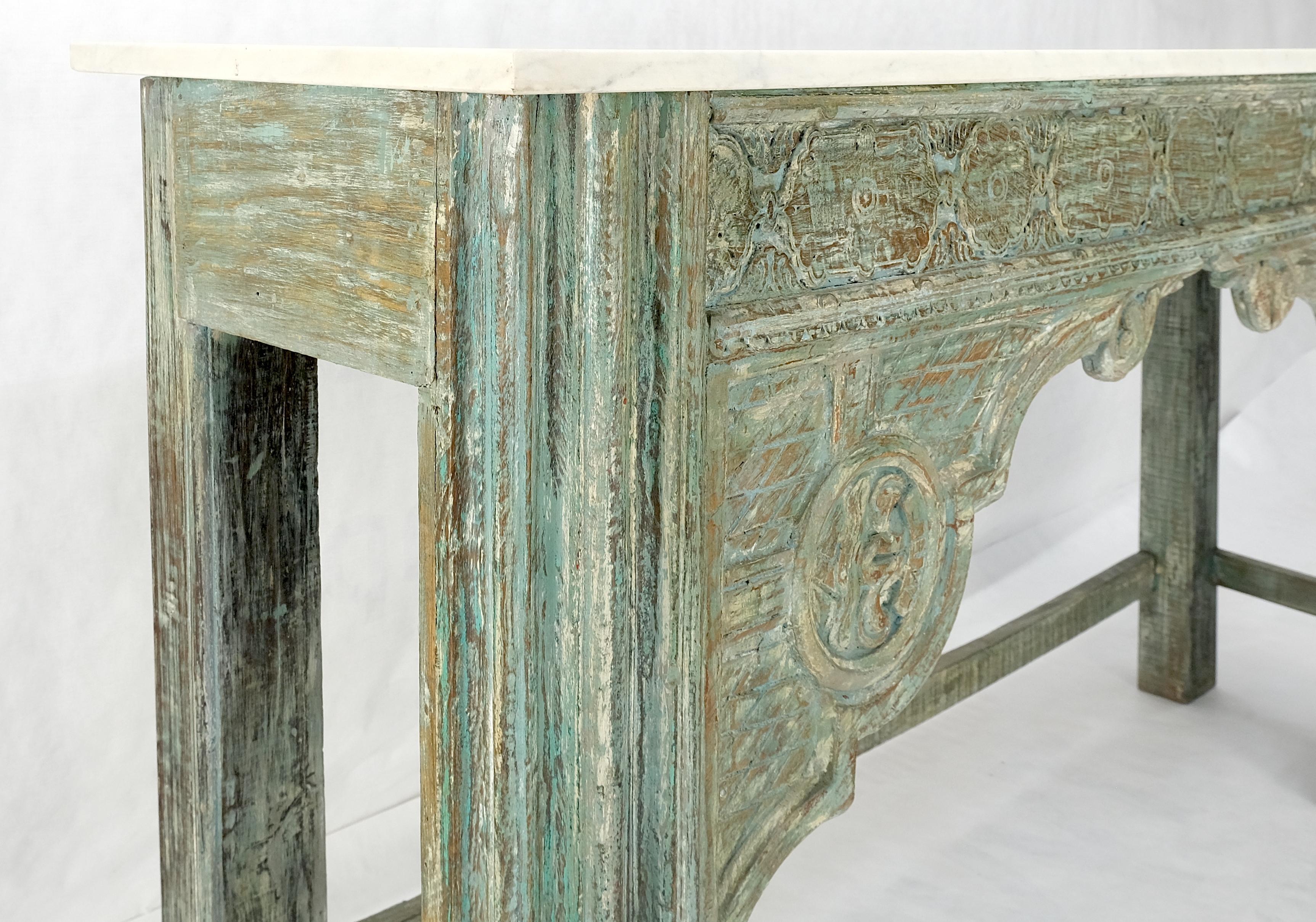 19th Century Carved Teak White Marble Top Indian Asian Style Antique Console Green Wash Finis