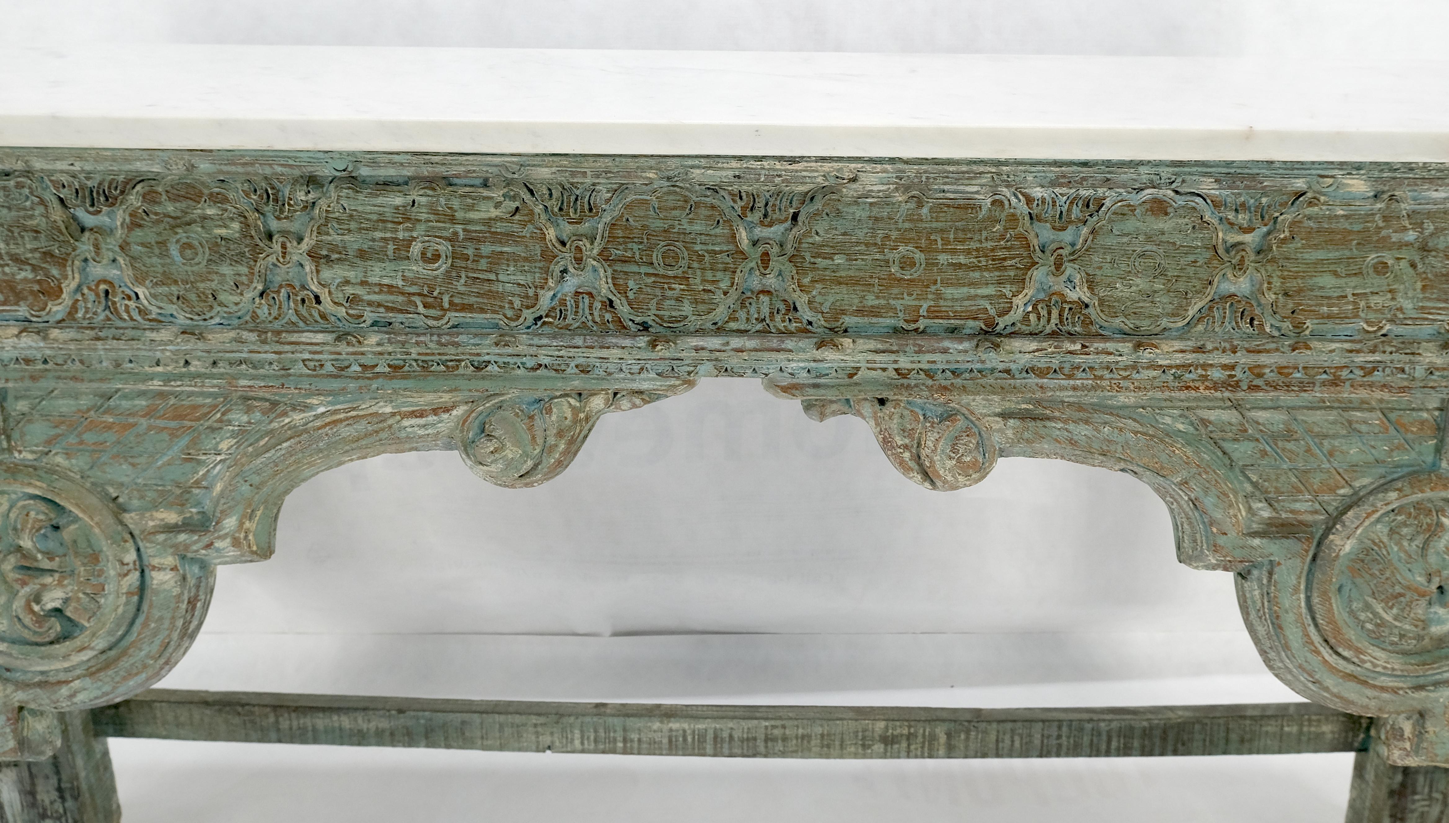 Carved Teak White Marble Top Indian Asian Style Antique Console Green Wash Finis 1